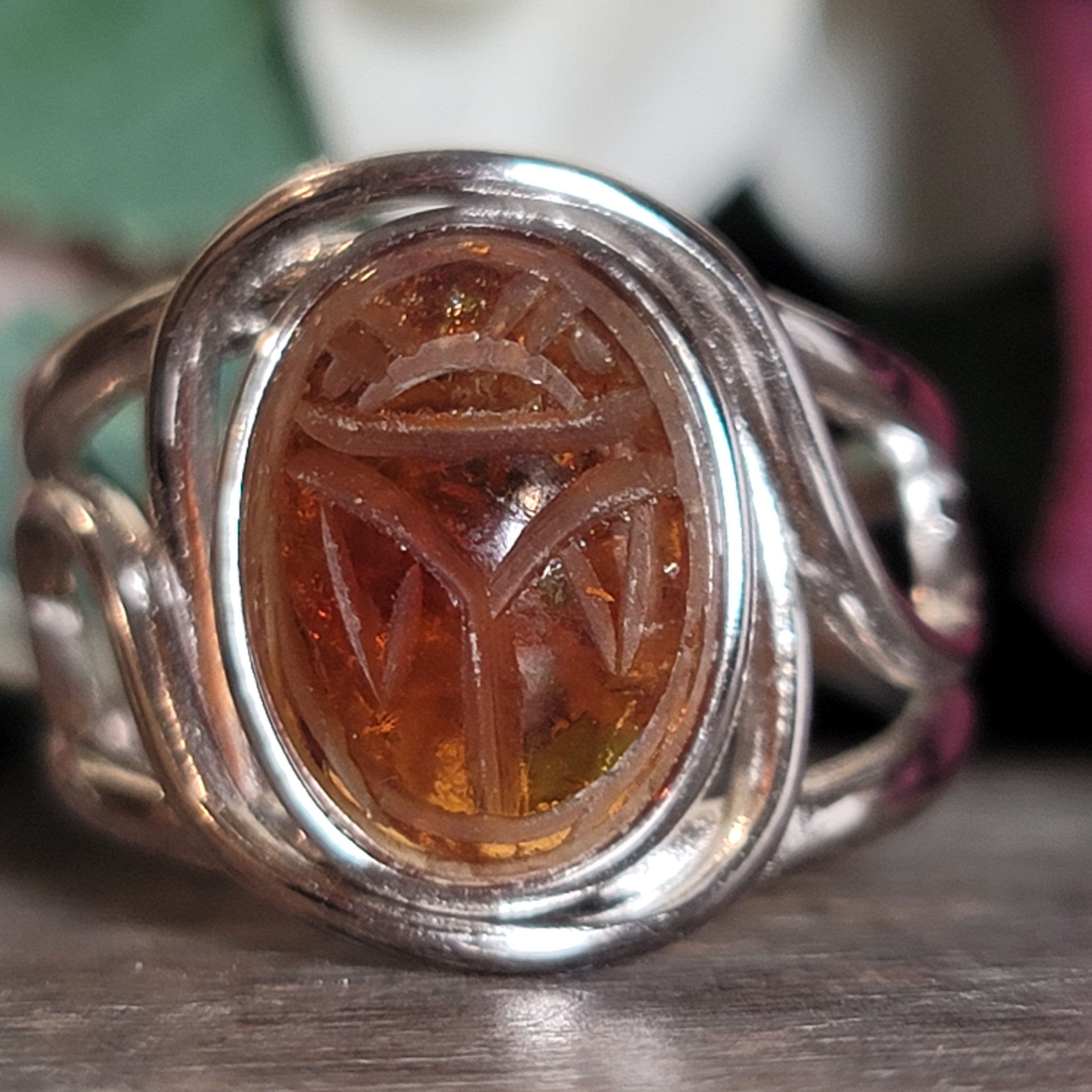 Madeira Citrine Scarab Adjustable Cuff Ring .925 Silver for Abundance, Good Luck and Positivity