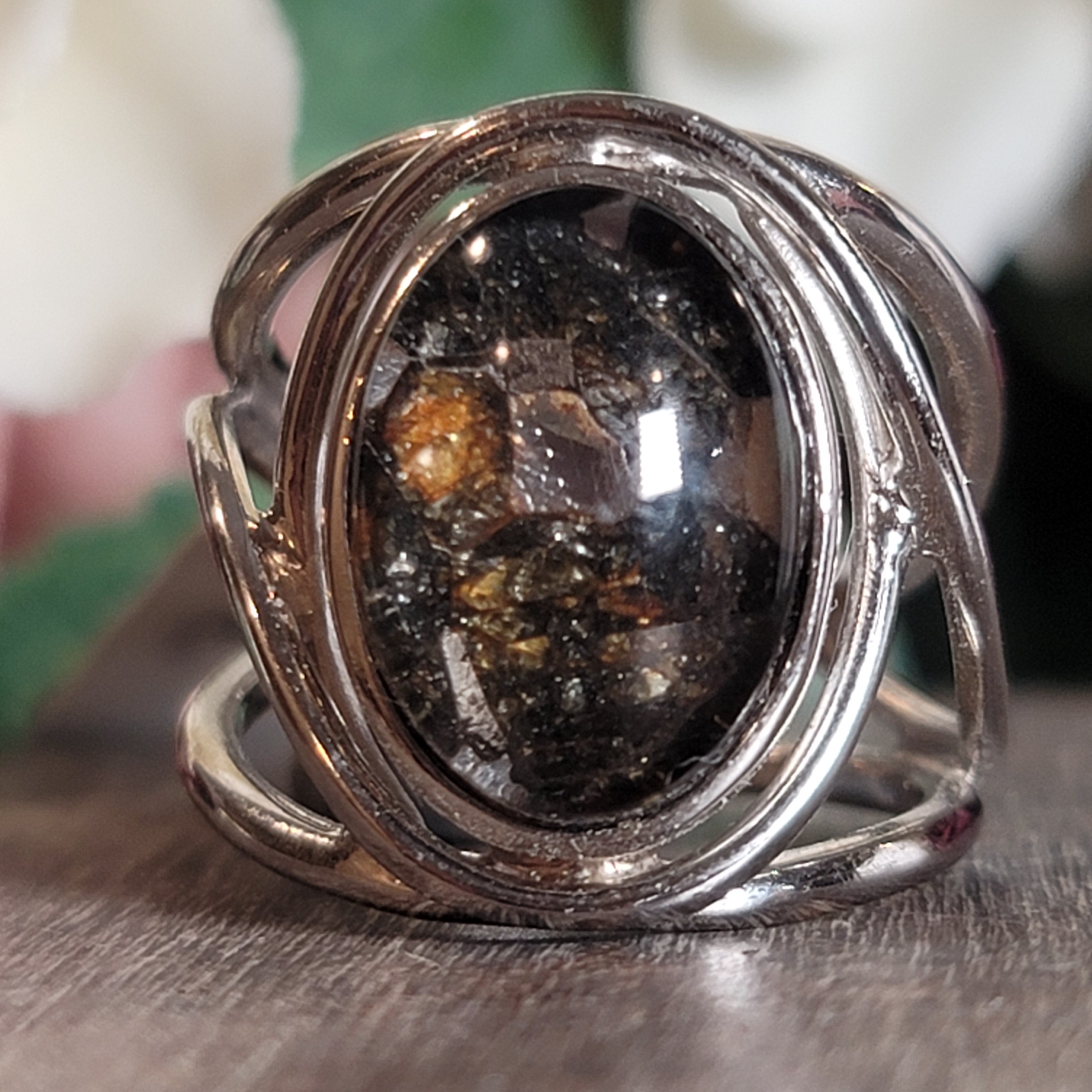 Pallasite Meteorite Cuff Ring Adjustable Ring .925 Silver