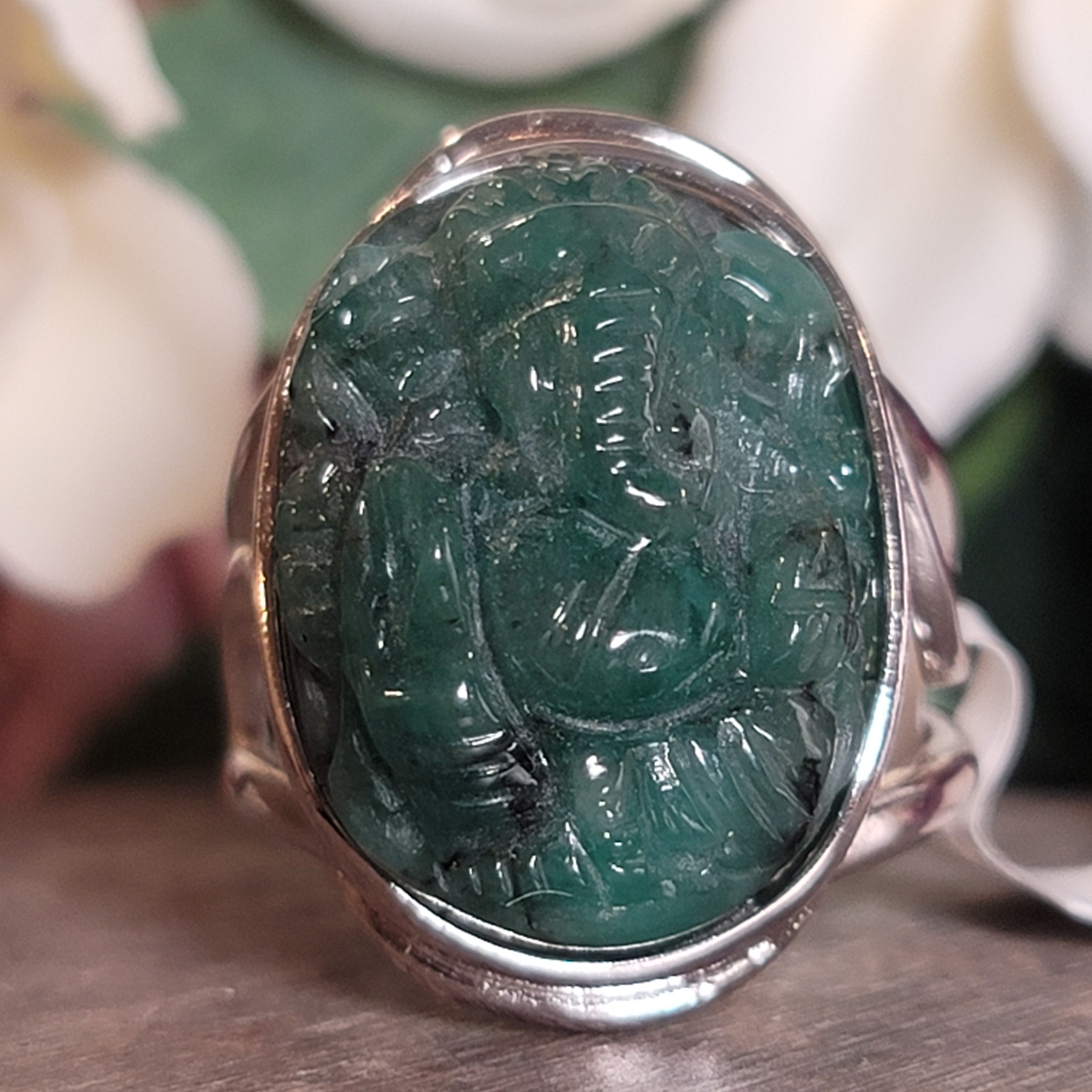 Emerald Ganesha Adjustable Cuff Ring .925 Silver for Health, Love and Accumulating Wealth