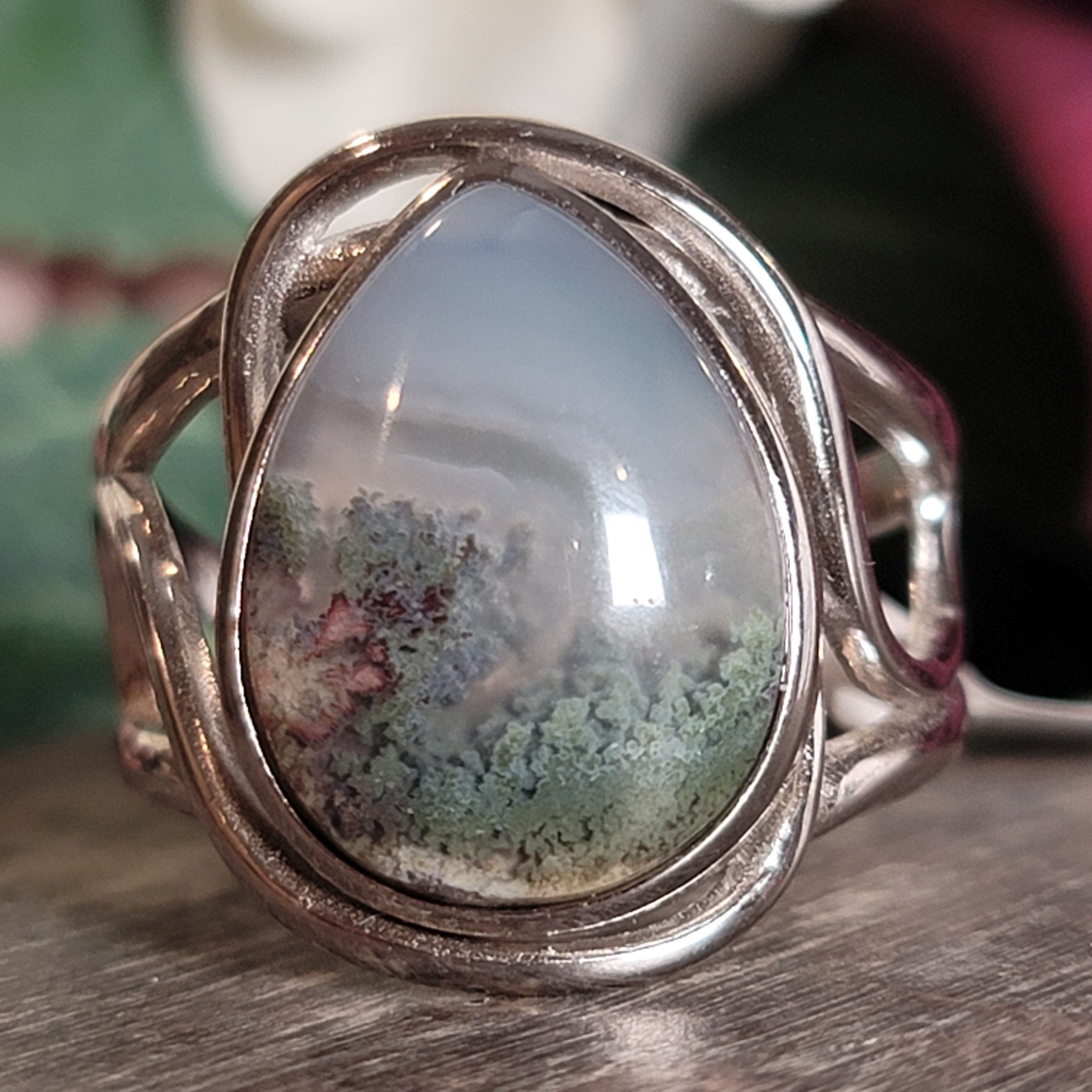 Moss Agate Adjustable Cuff Ring .925 Silver for Creating your Dreams