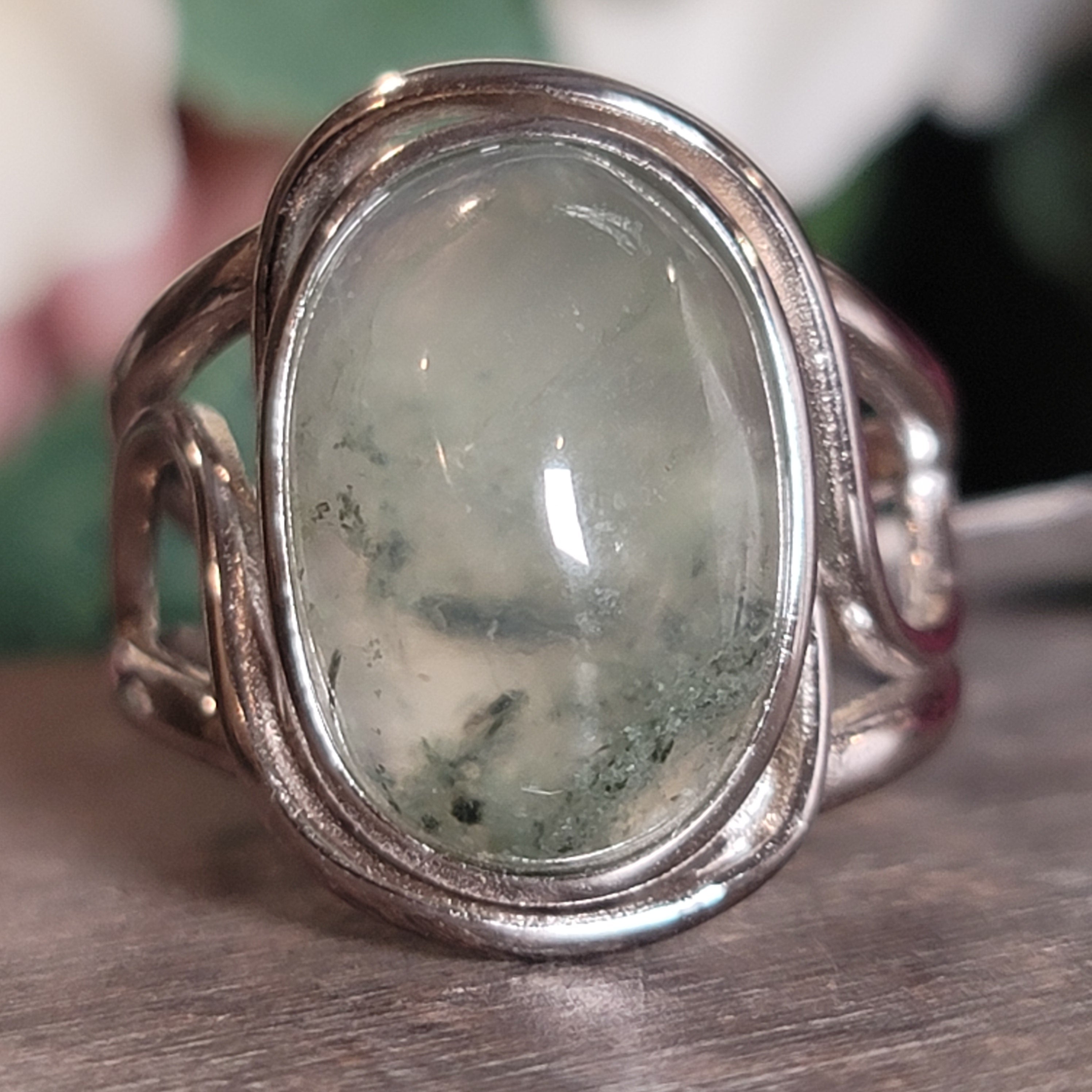 Prehnite with Epidote Cuff Ring .925 Silver for Heart Healing and Rejuvenation