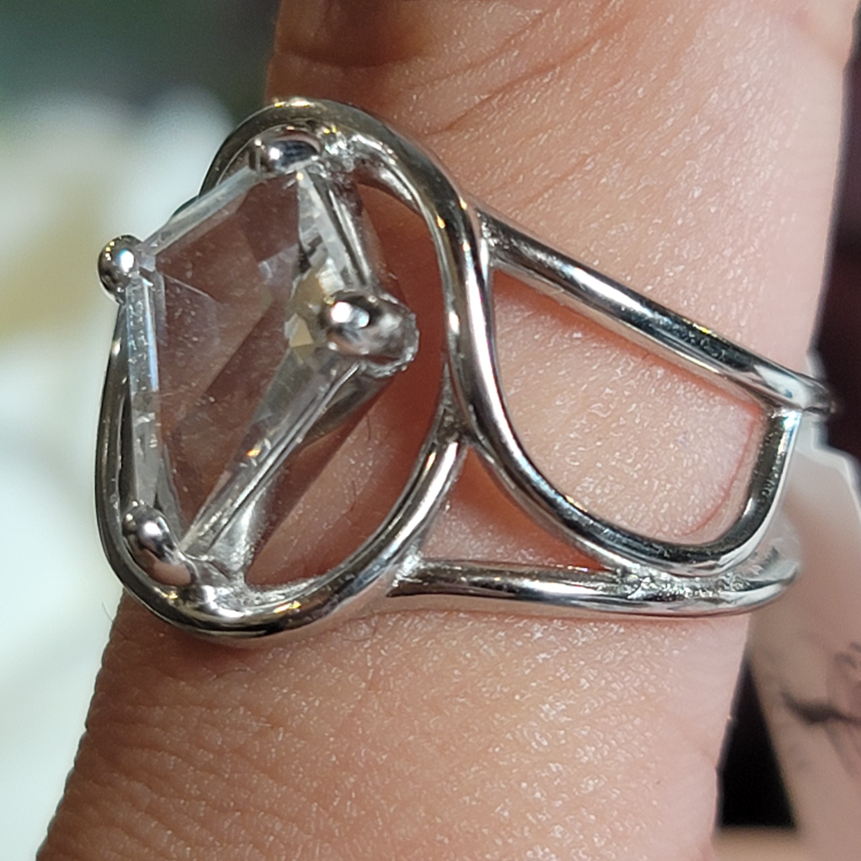 Clear Quartz Dainty Coffin Finger Cuff Adjustable Ring .925 Silver for Love, Prosperity and Success