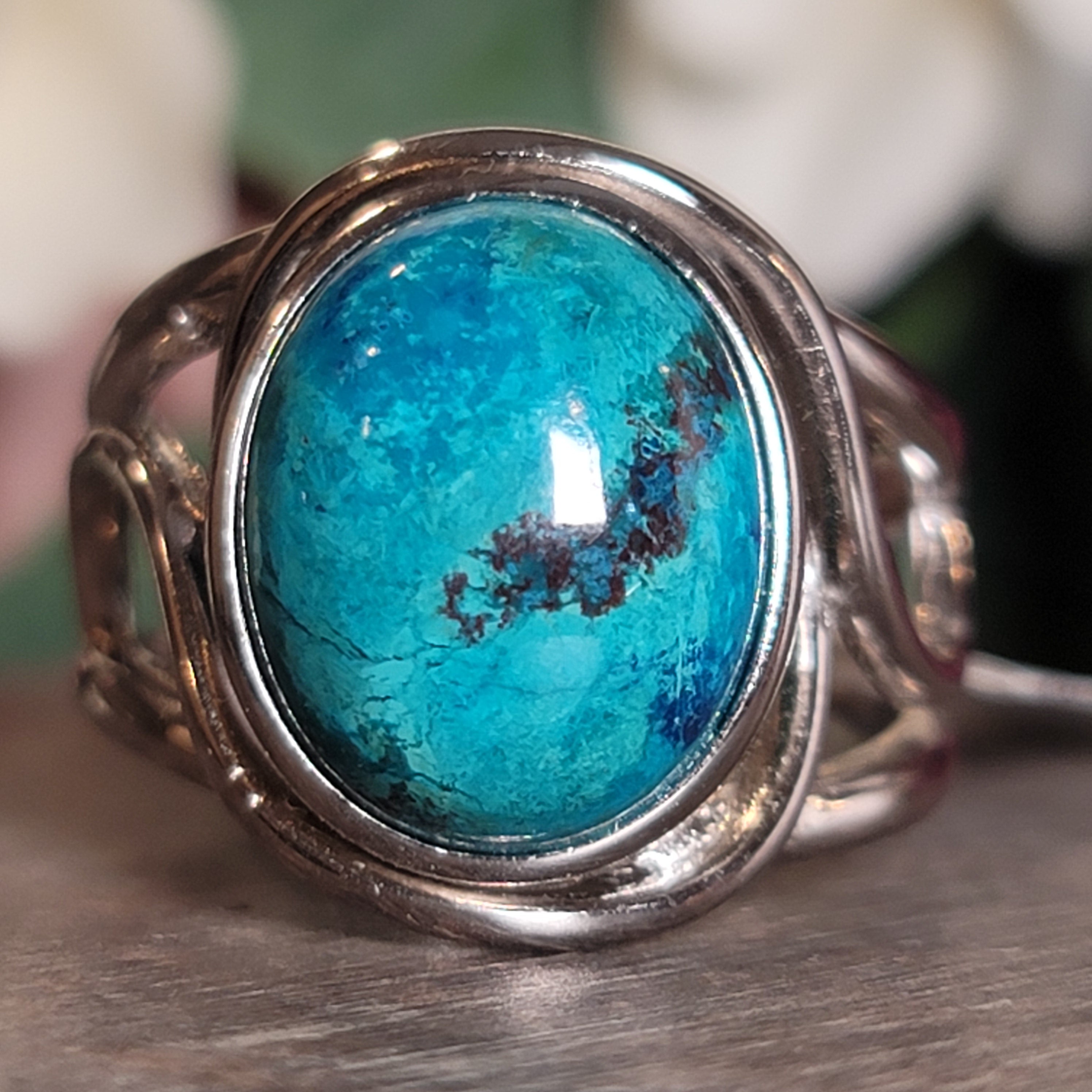 Shattuckite & Chrysocolla Cuff Ring, Adjustable Ring .925 Silver for Goddess Energy, Peaceful Communication and Truth