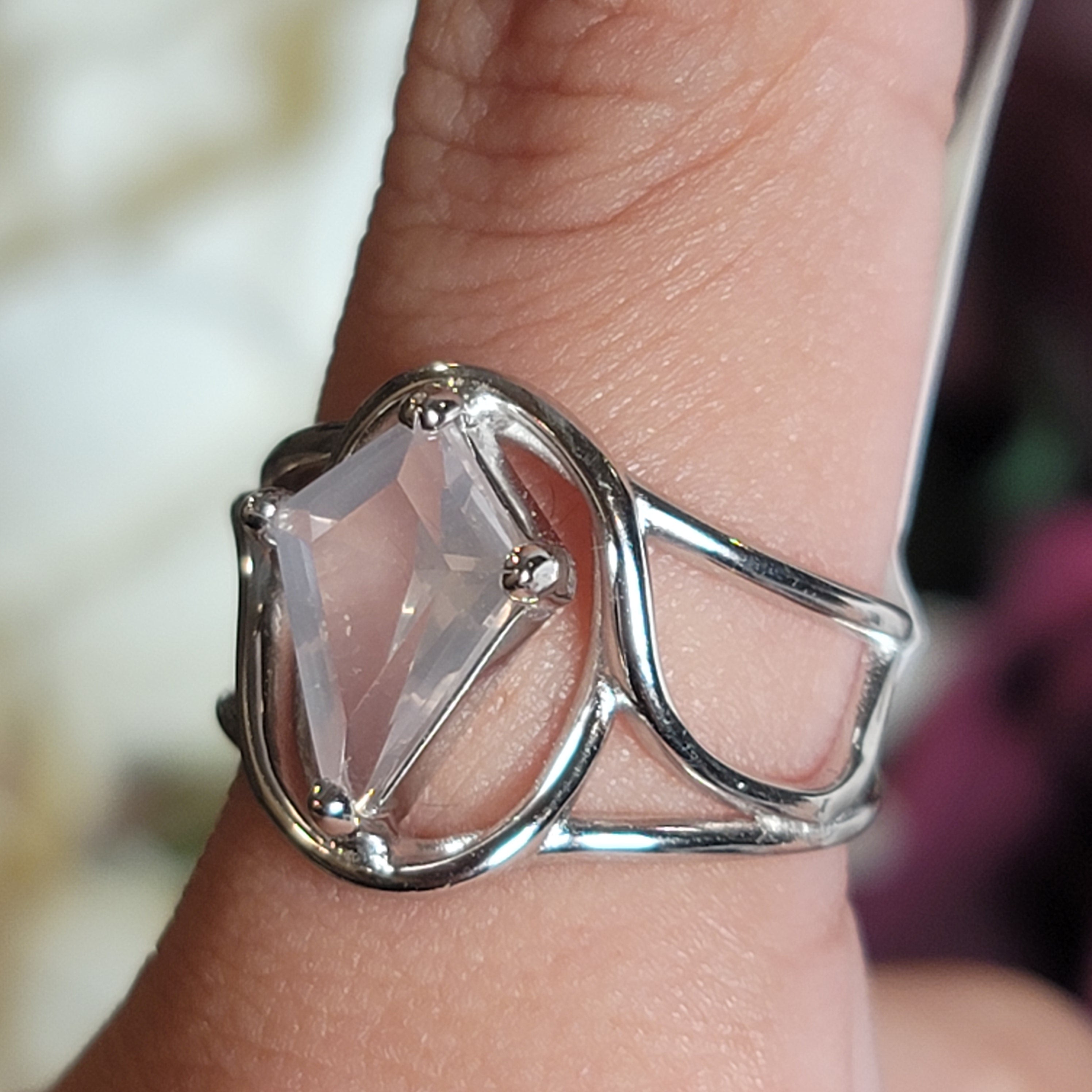 Rose Quartz Dainty Coffin Adjustable Finger Cuff Ring .925 Silver for Compassion and Self Love