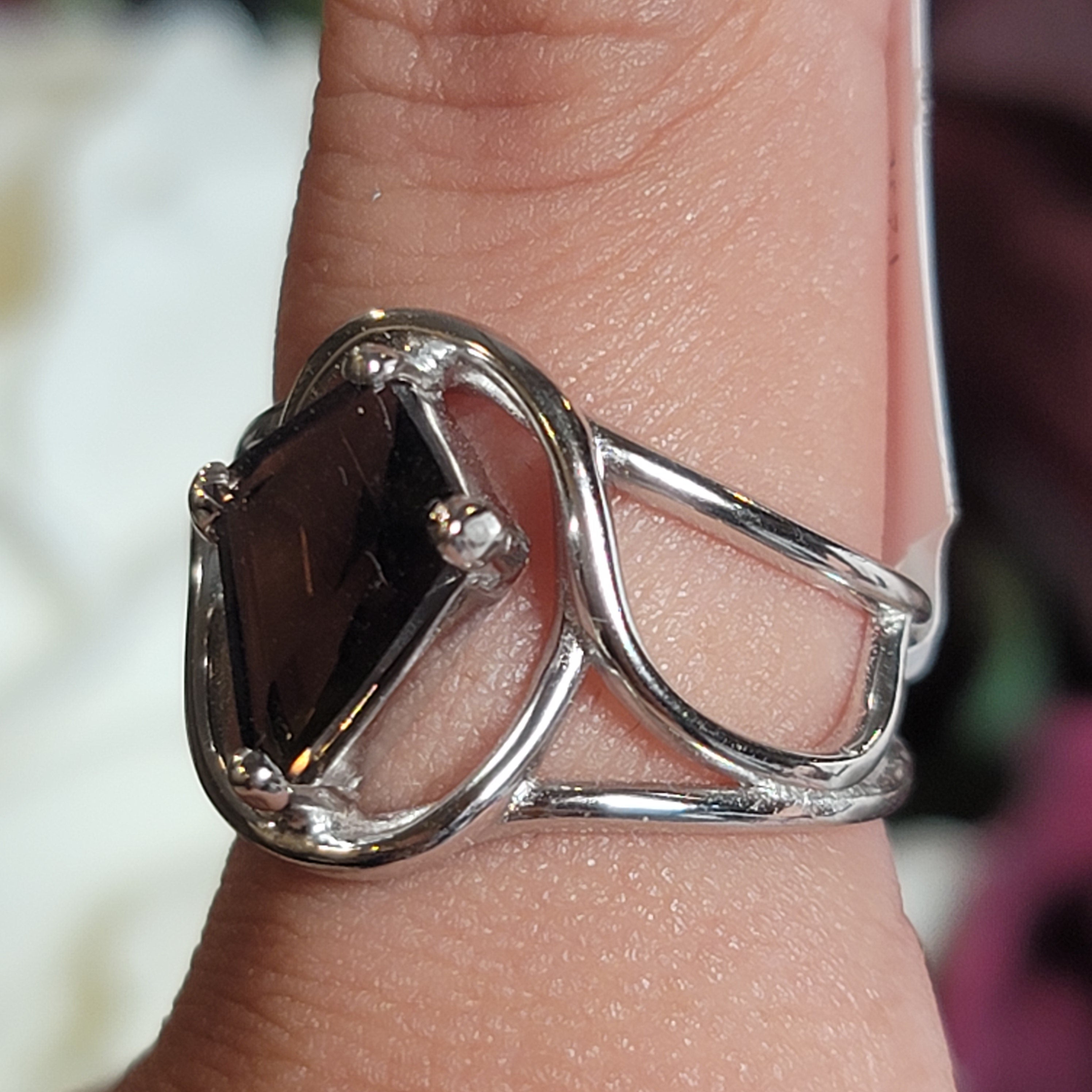 Smoky Quartz Dainty Coffin Finger Cuff Adjustable Ring .925 Silver for Power, Energetic Cleansing, Manifestation and Protection