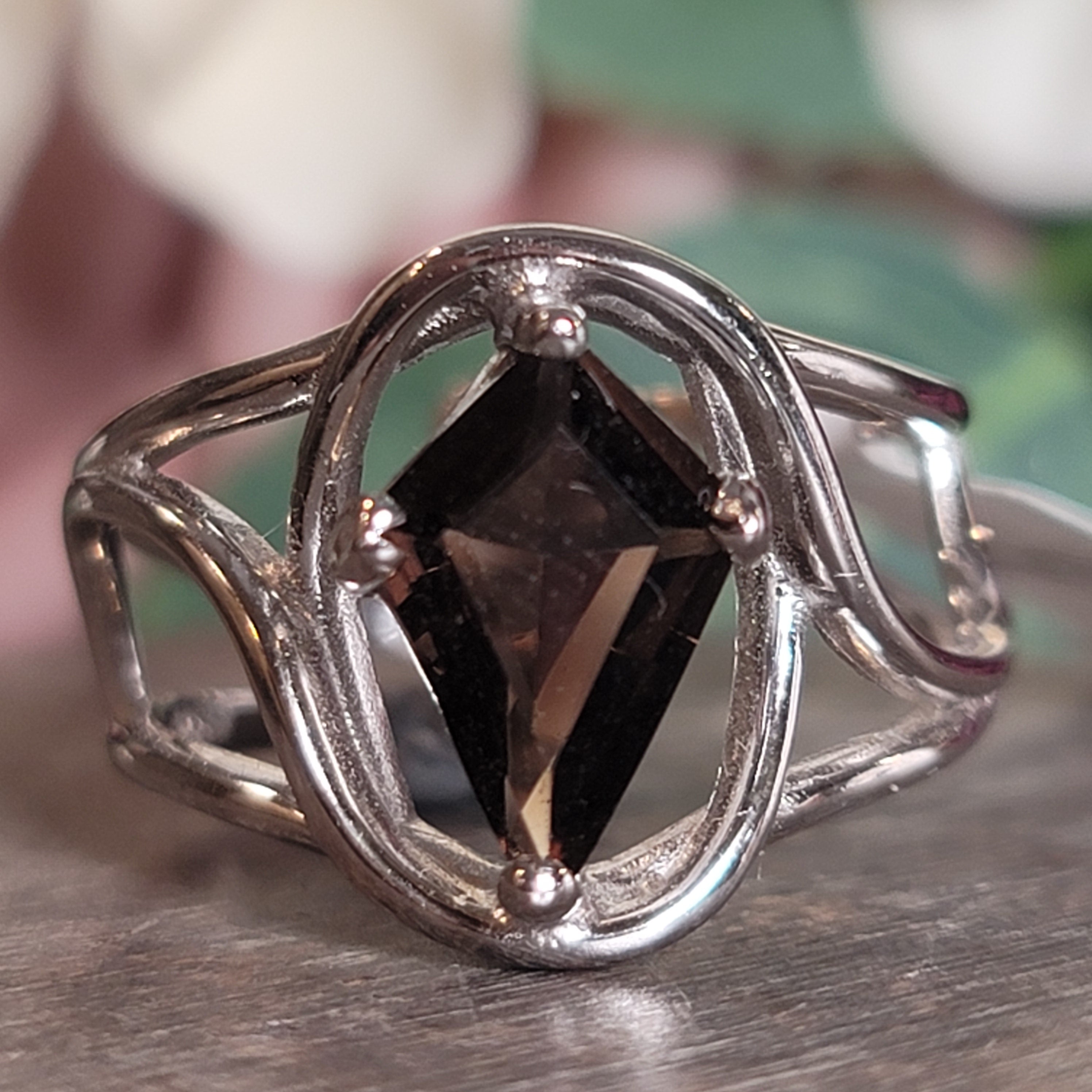 Smoky Quartz Dainty Coffin Finger Cuff Adjustable Ring .925 Silver for Power, Energetic Cleansing, Manifestation and Protection