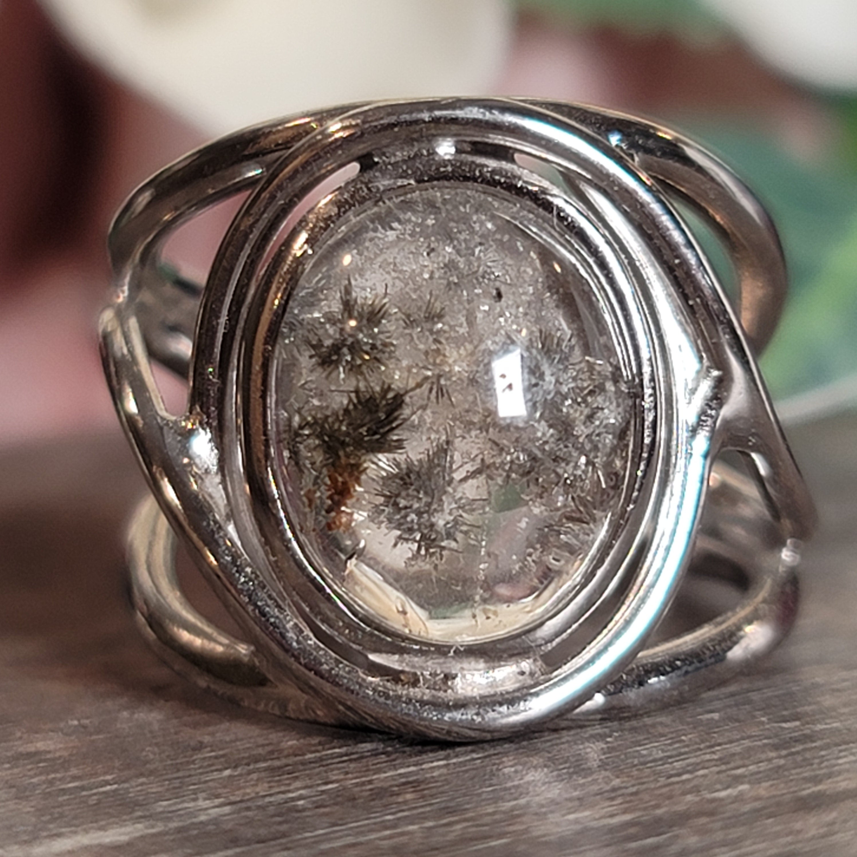 Garden Quartz with Hollandite Adjustable Cuff Ring .925 Sterling Silver for Insight, Meditation & Shamanic Journey