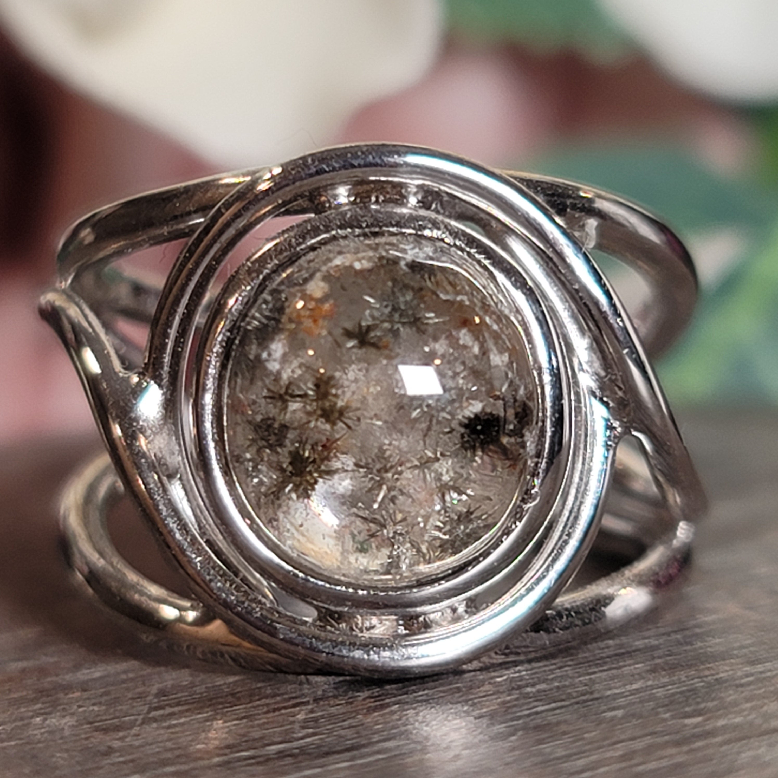 Garden Quartz with Hollandite Adjustable Cuff Ring .925 Sterling Silver for Insight, Meditation & Shamanic Journey