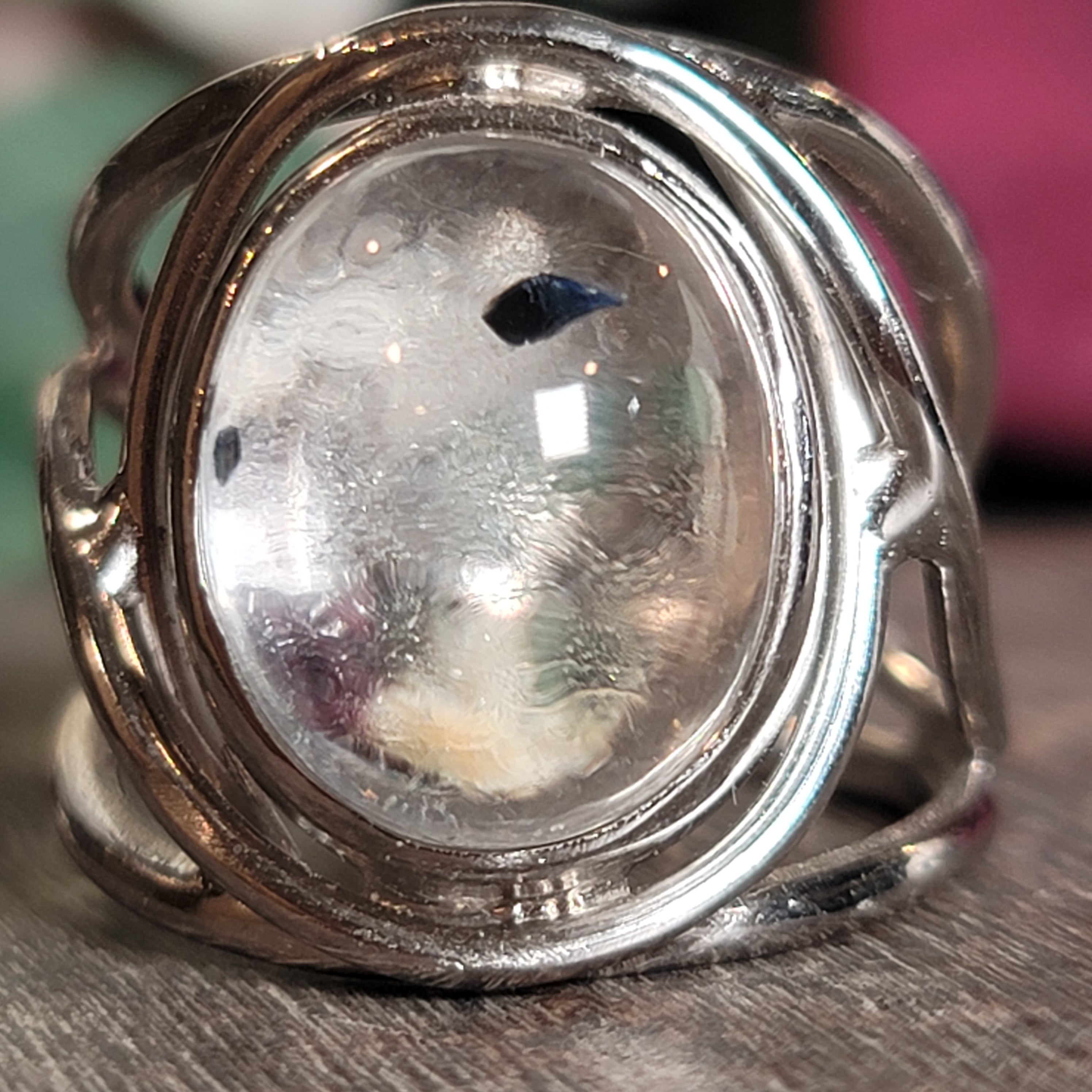 Fluorite in Quartz Adjustable Cuff Ring .925 Sterling Silver for Clearing Energy Fields