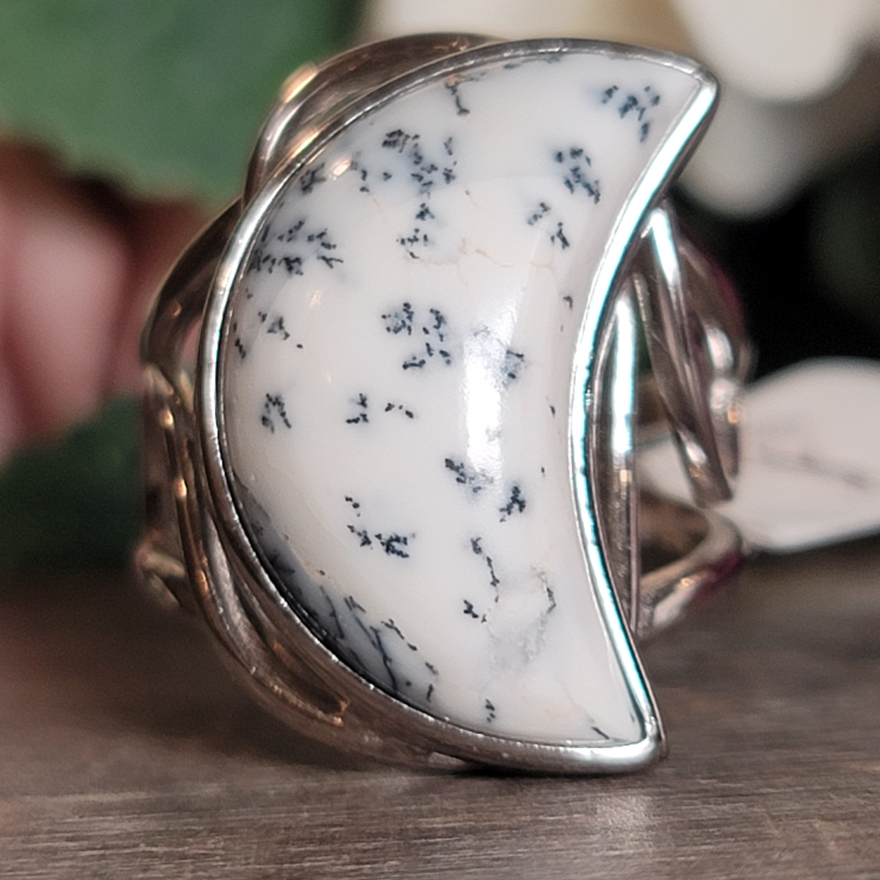 Dendritic Opal Moon Cuff Ring .925 Sterling Silver for Inspiration and Spiritual Communication