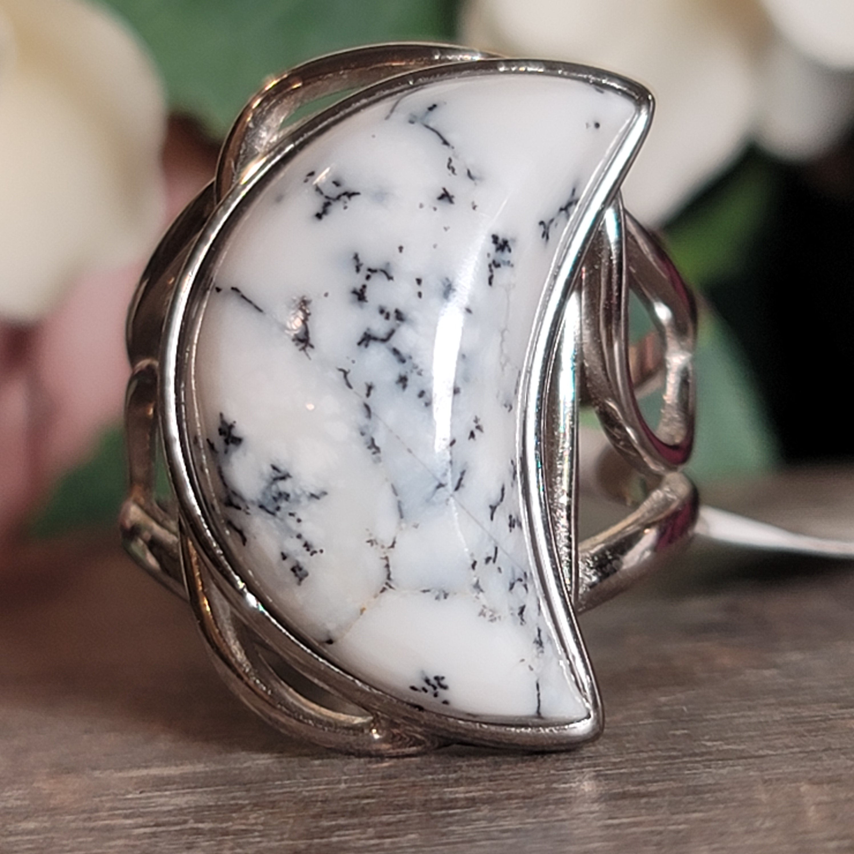 Dendritic Opal Moon Cuff Ring .925 Sterling Silver for Inspiration and Spiritual Communication