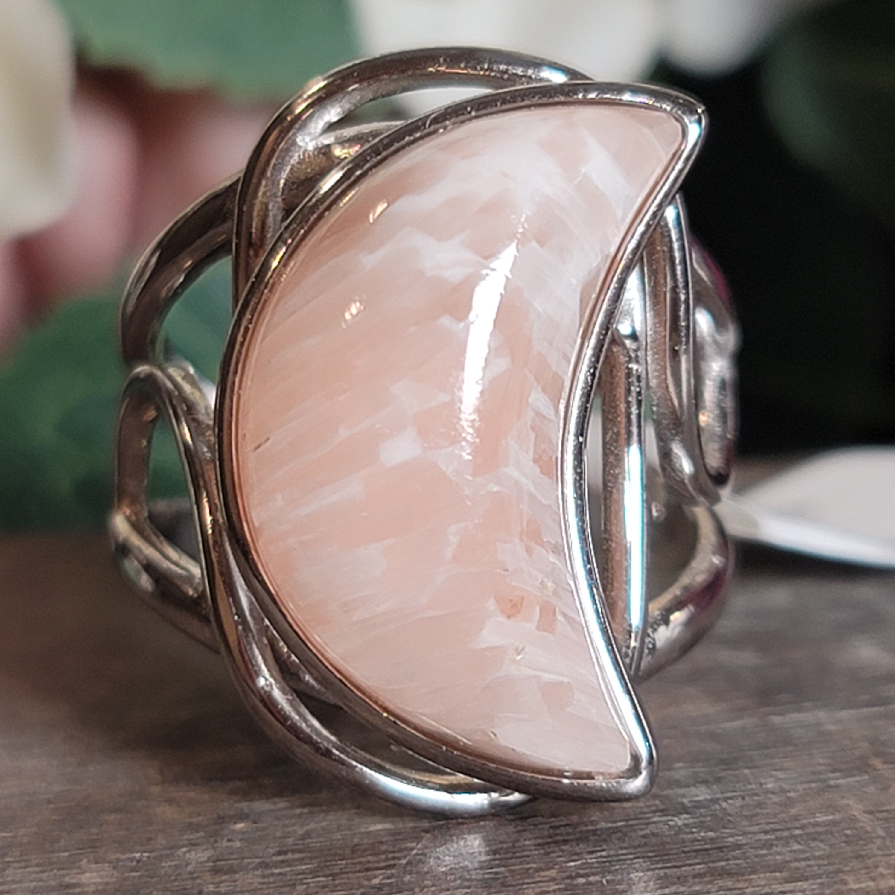 Scolecite Stilbite Moon Cuff Ring .925 Silver for Accessing Higher Realms and Lineage Healing