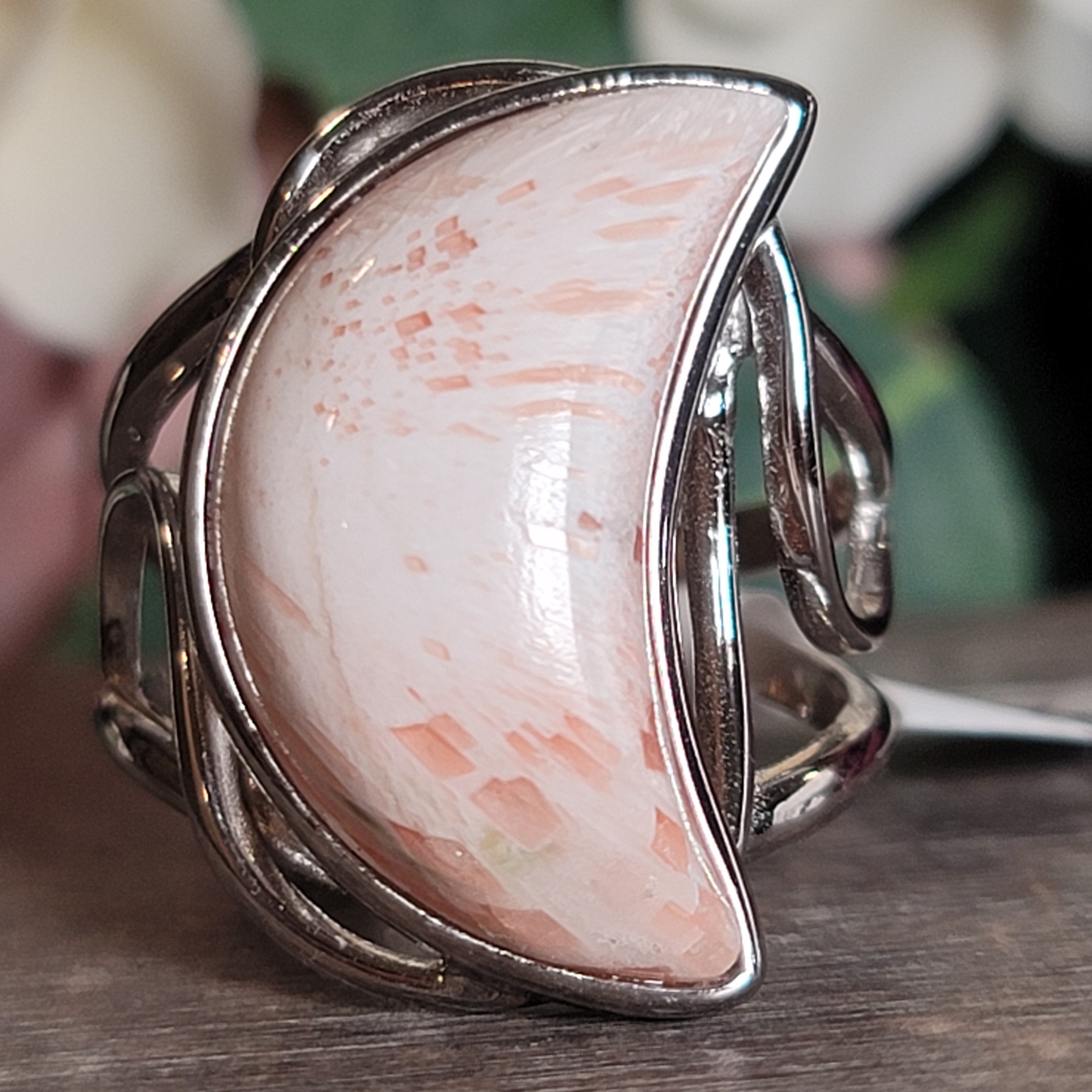 Scolecite Stilbite Moon Cuff Ring .925 Silver for Accessing Higher Realms and Lineage Healing