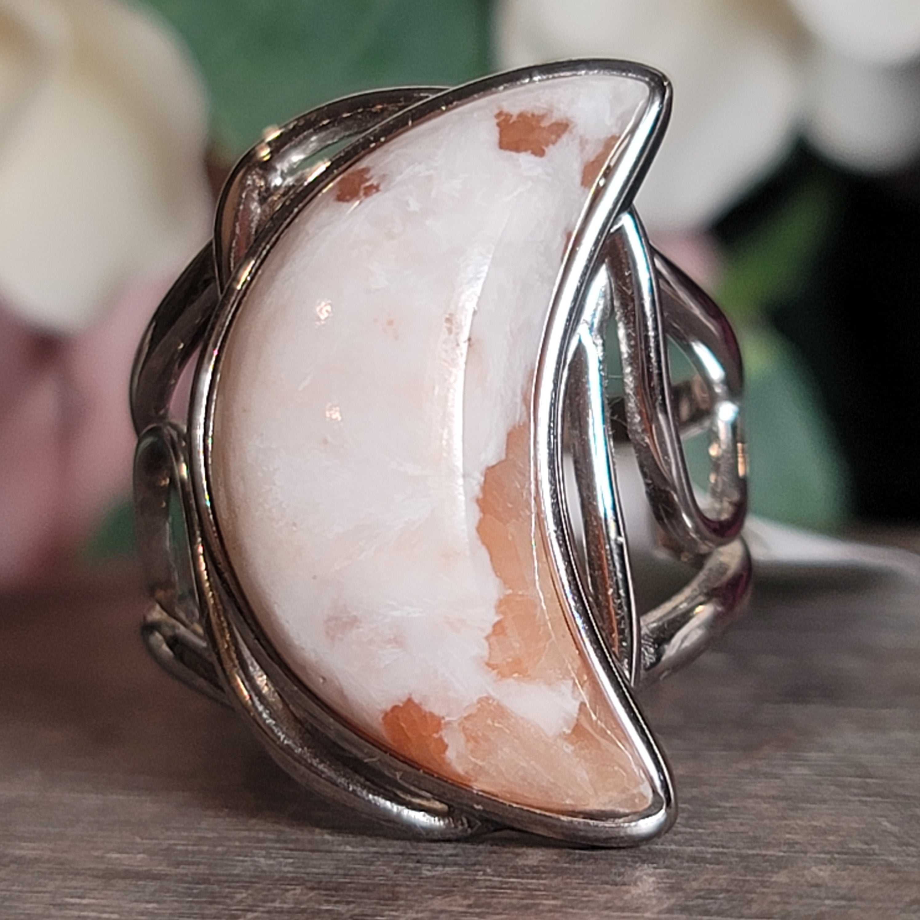 Scolecite Stilbite Moon Cuff Ring .925 Silver for Accessing Higher Realms and Lineage Healing