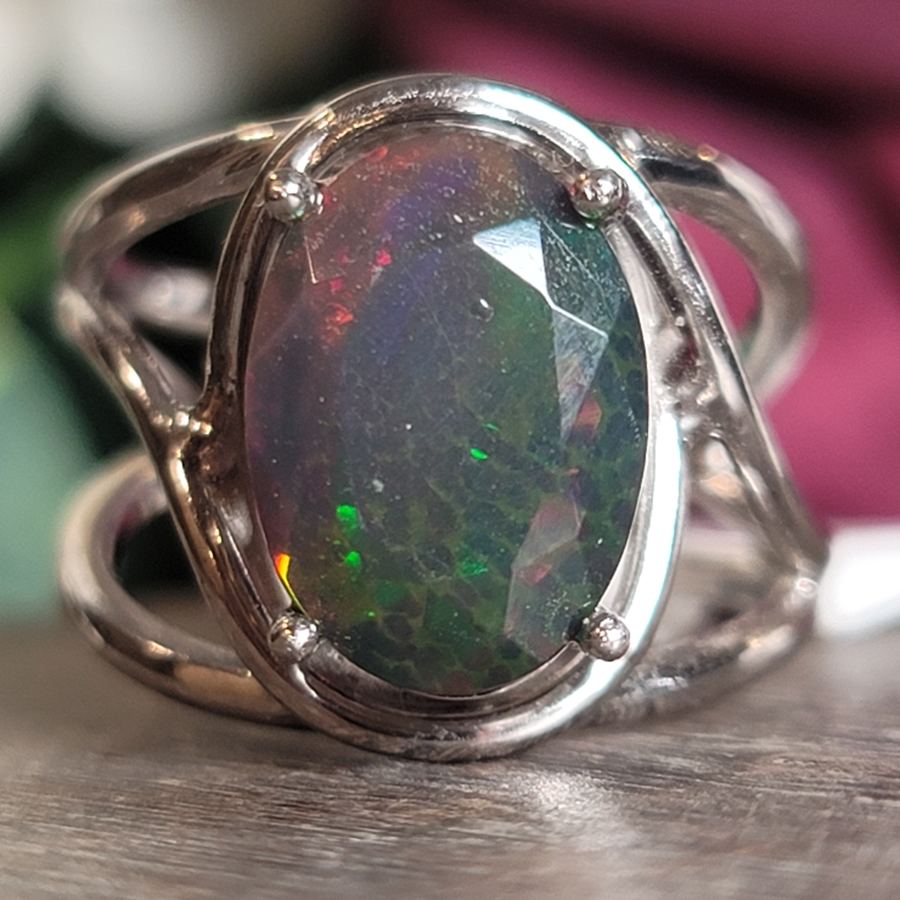 Black Opal Cuff Ring .925 Silver for Good Luck, Protection and Joy