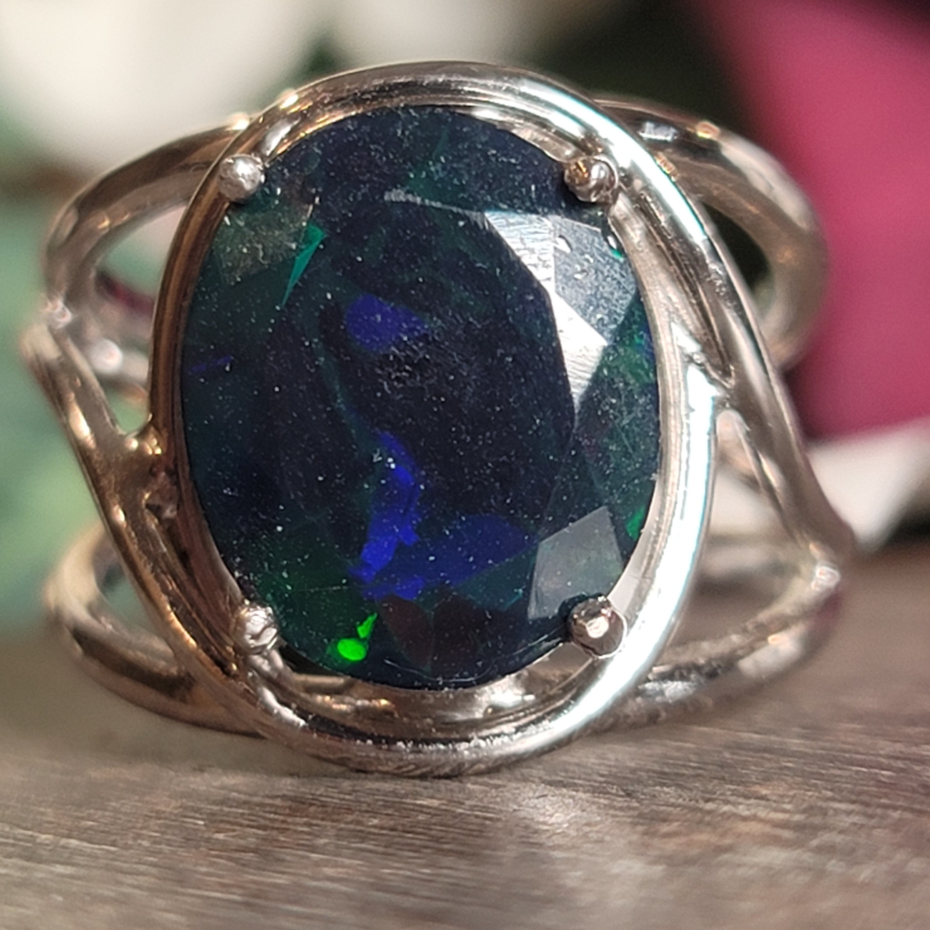 Black Opal Cuff Ring .925 Silver for Good Luck, Protection and Joy