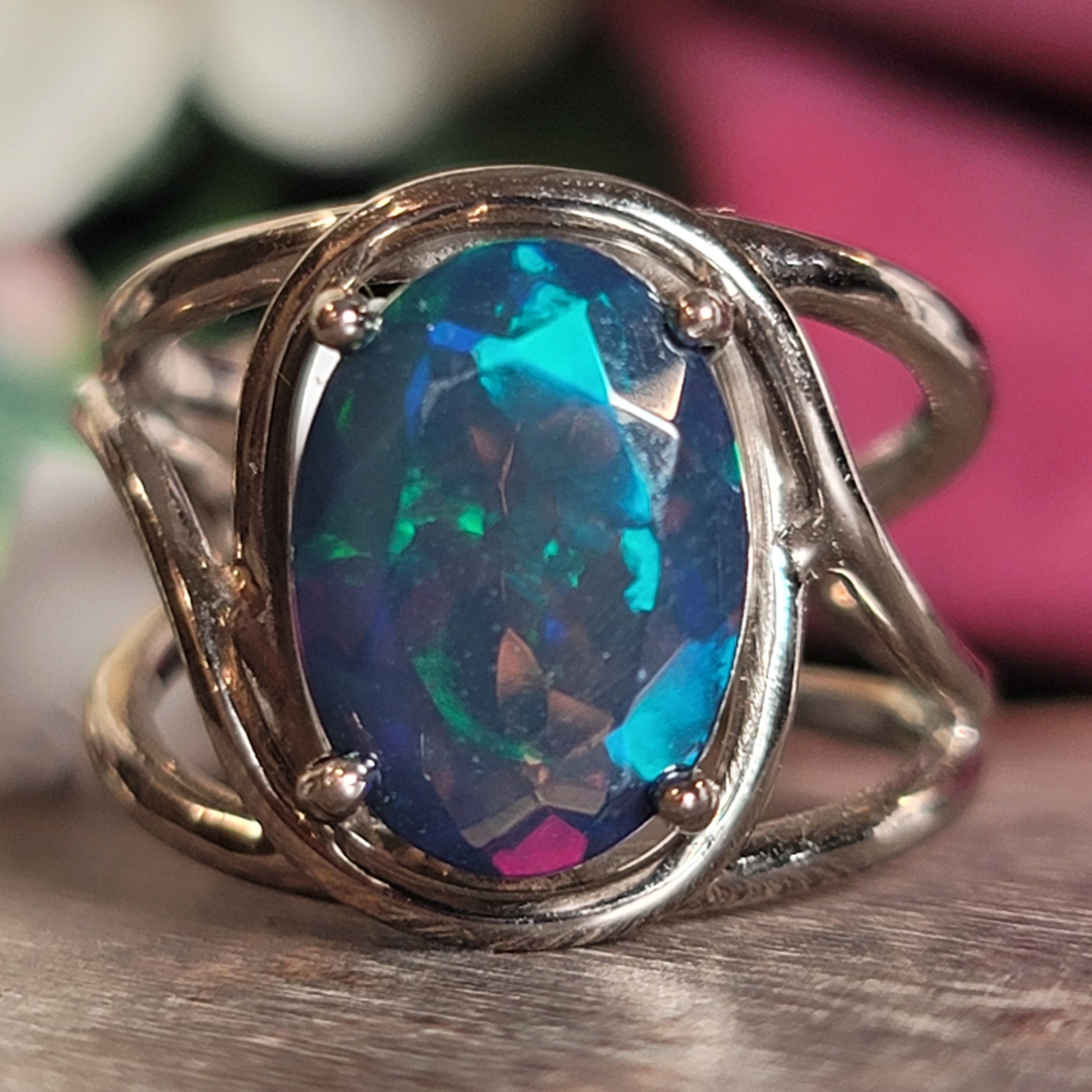 Black Opal Cuff Ring .925 Silver for Good Luck, Protection and Joy