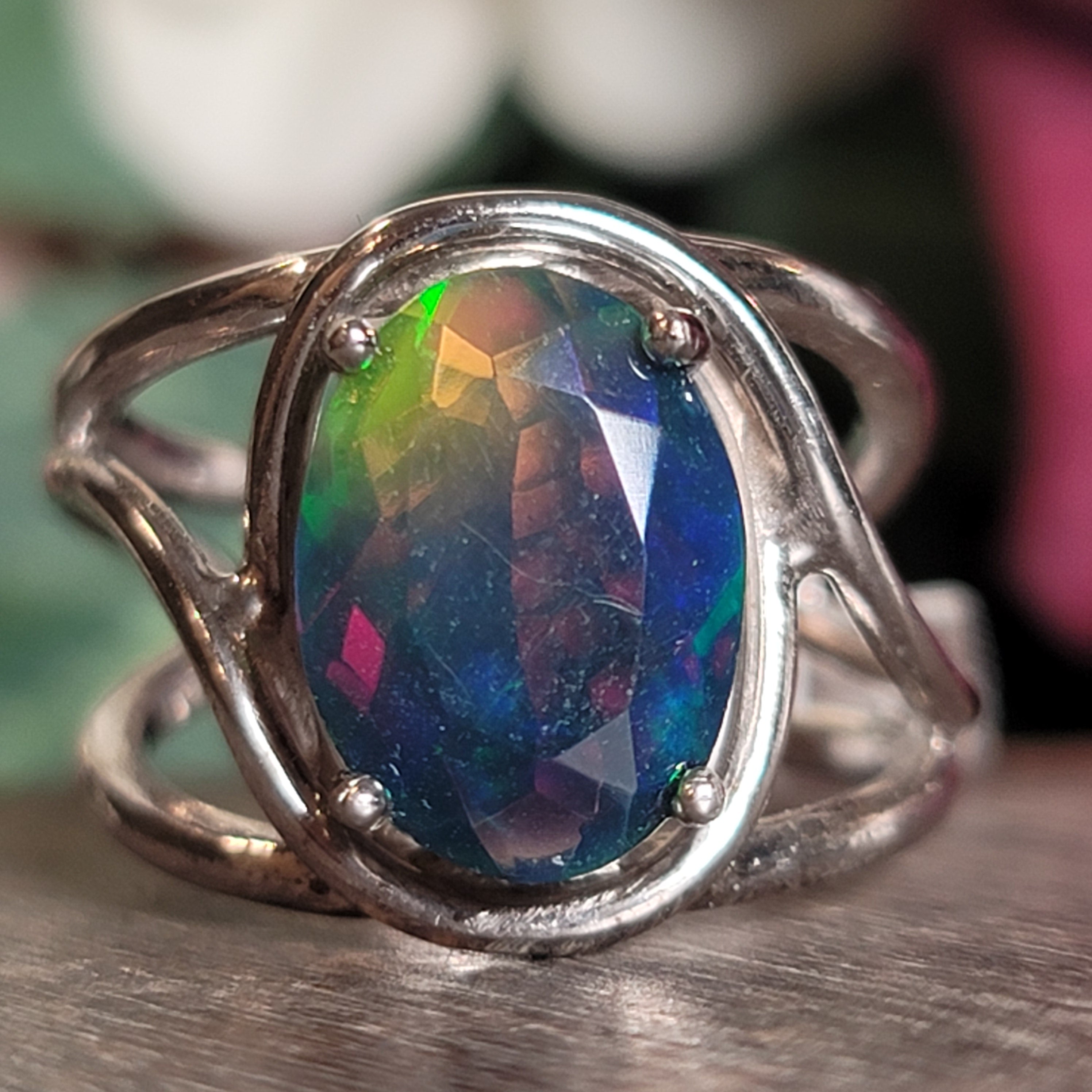 Black Opal Cuff Ring .925 Silver for Good Luck, Protection and Joy