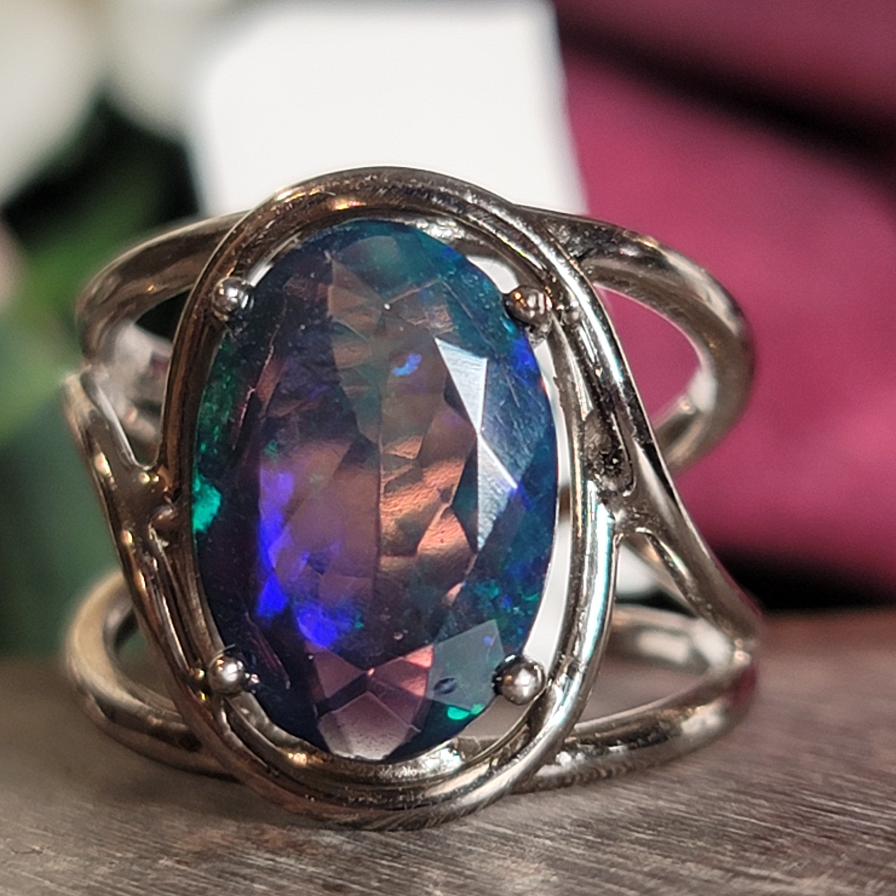 Black Opal Cuff Ring .925 Silver for Good Luck, Protection and Joy