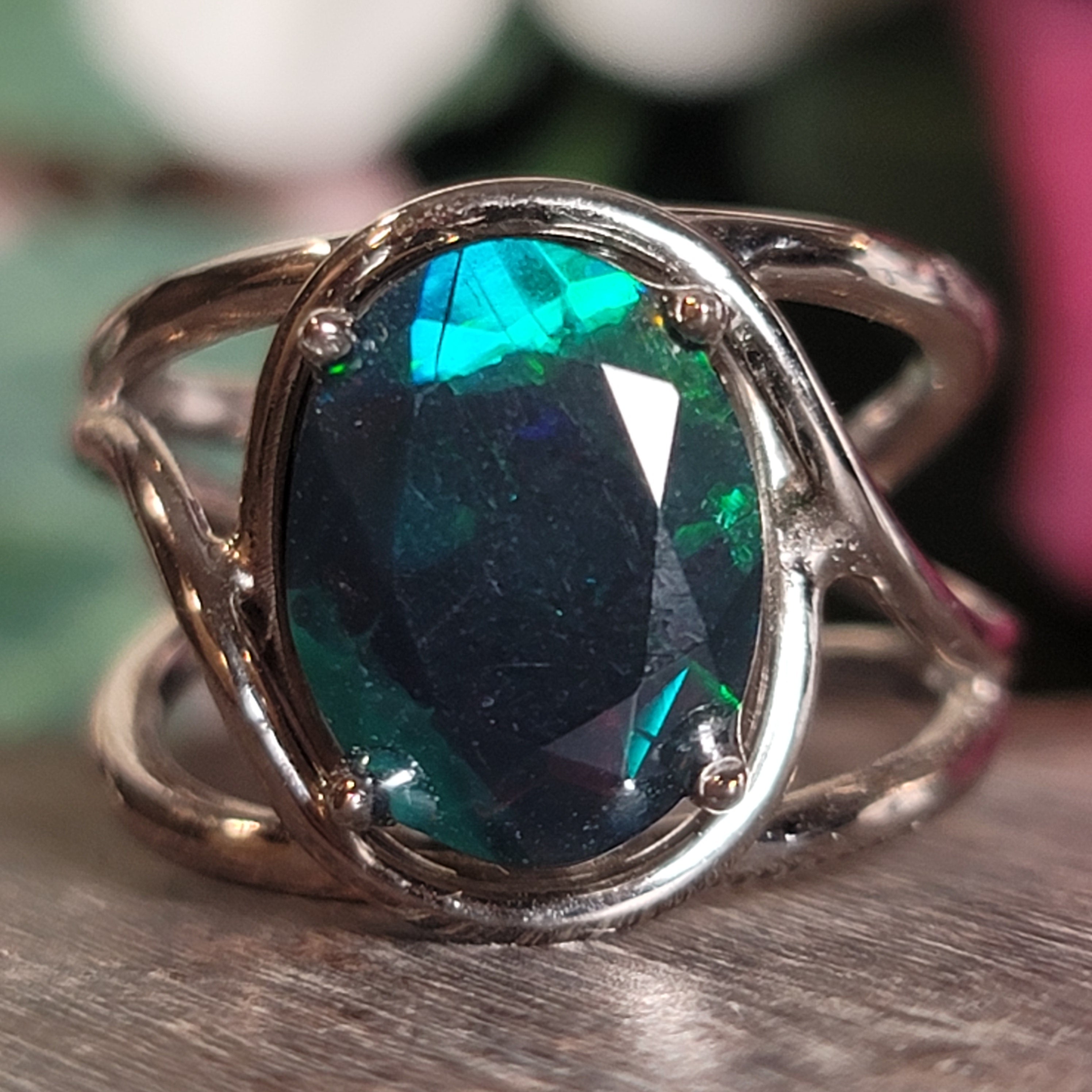 Black Opal Cuff Ring .925 Silver for Good Luck, Protection and Joy