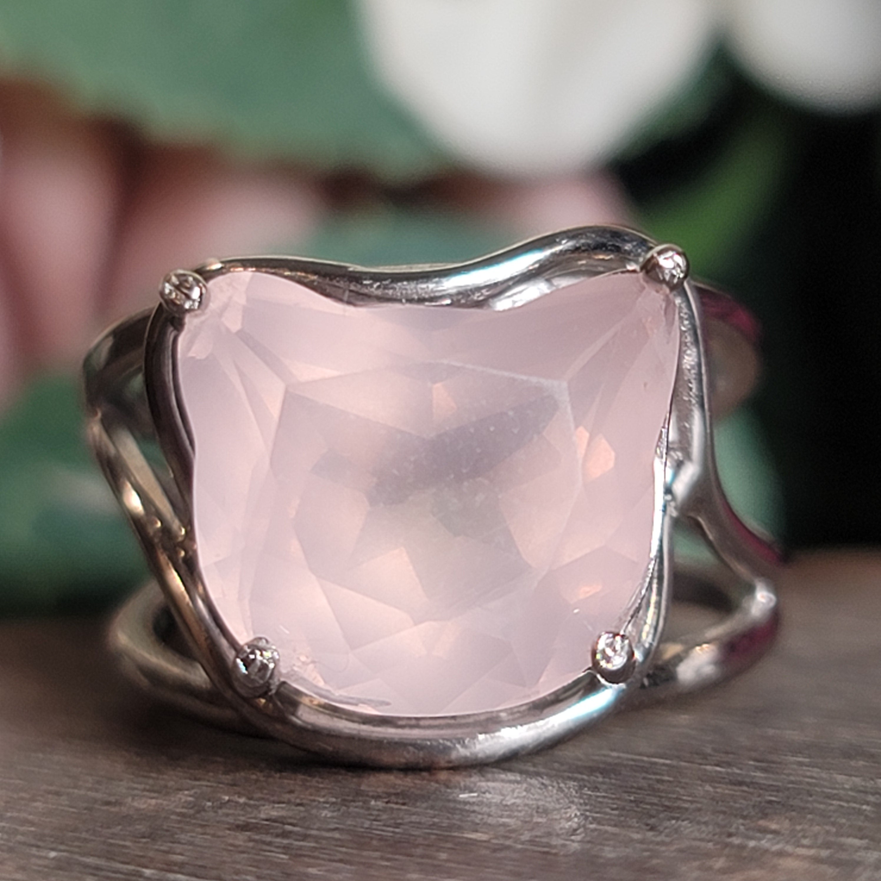 Rose Quartz Cat Adjustable Ring .925 Silver for Compassion, Love and Healing