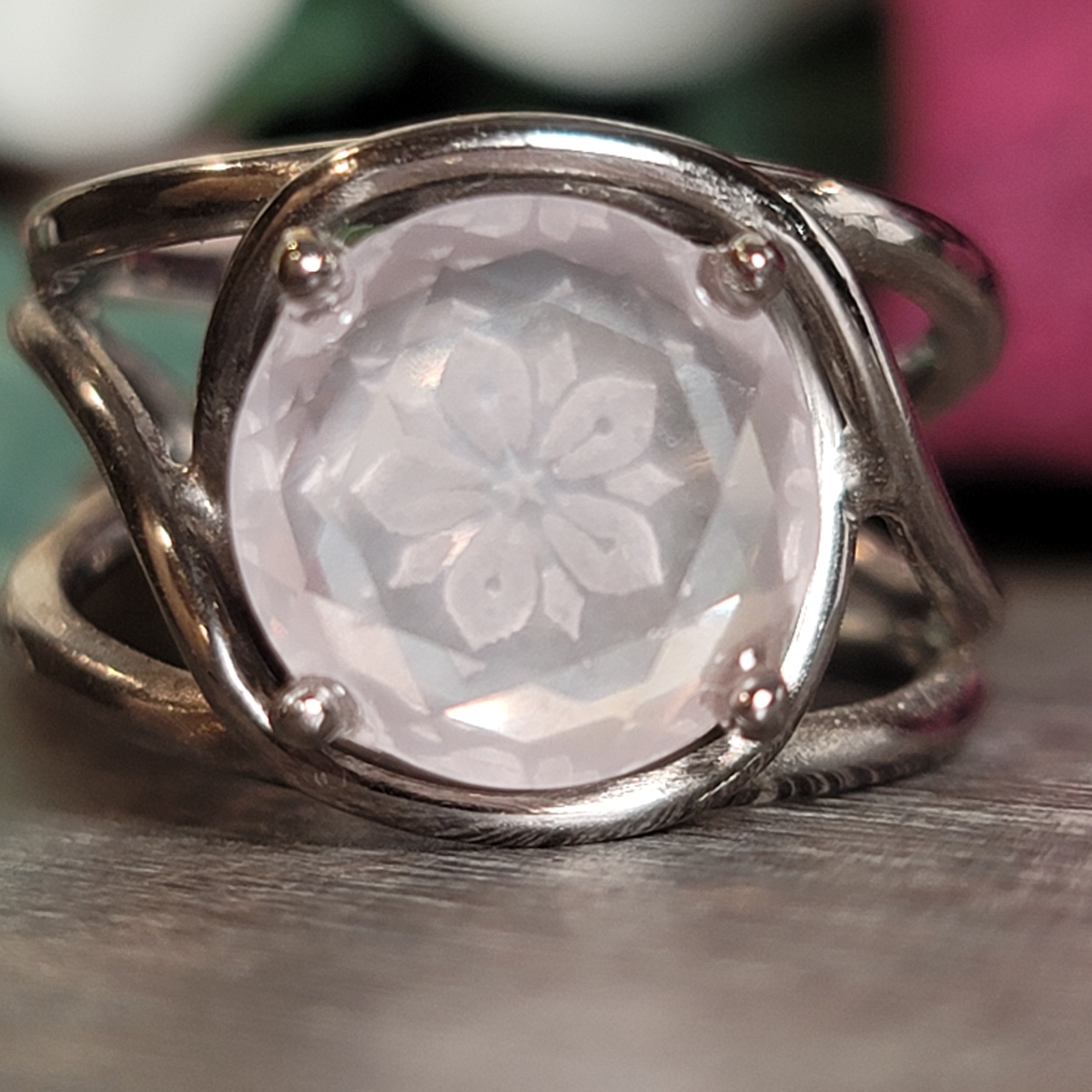 Rose Quartz Flower Adjustable Ring .925 Silver for Compassion, Love and Healing