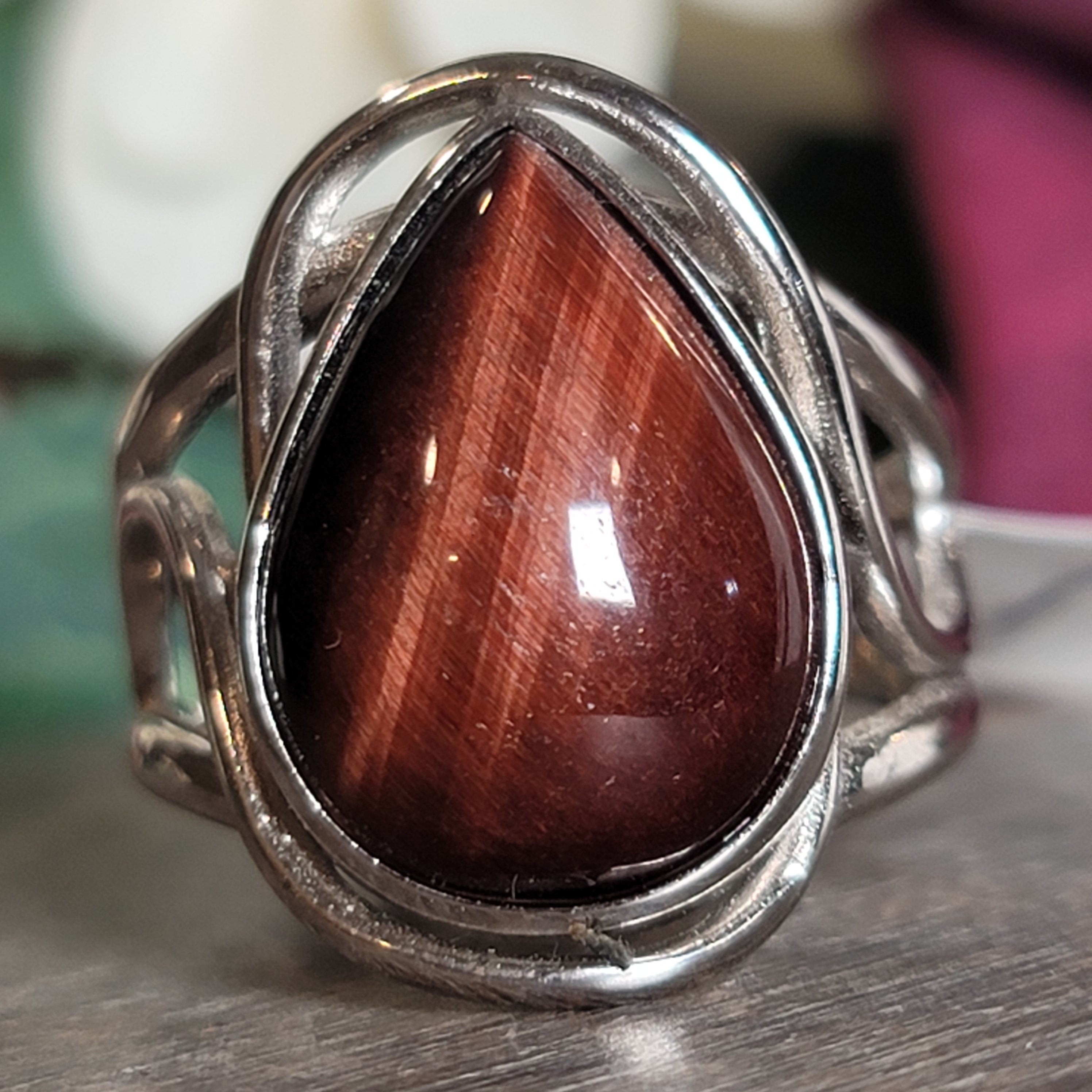 Red Tiger Eye Cuff Ring .925 Silver for Balancing Emotions, Motivation and Strength