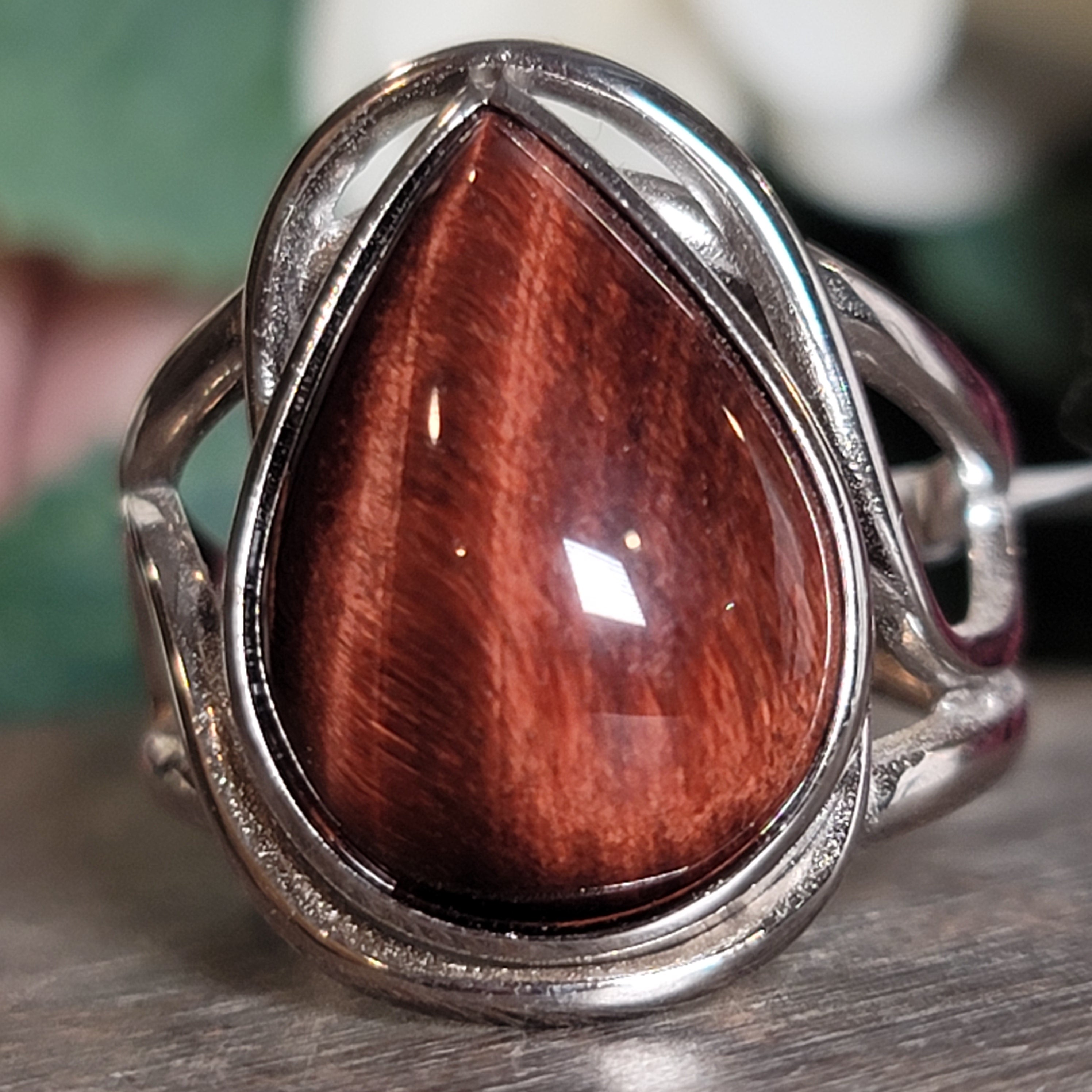 Red Tiger Eye Cuff Ring .925 Silver for Balancing Emotions, Motivation and Strength