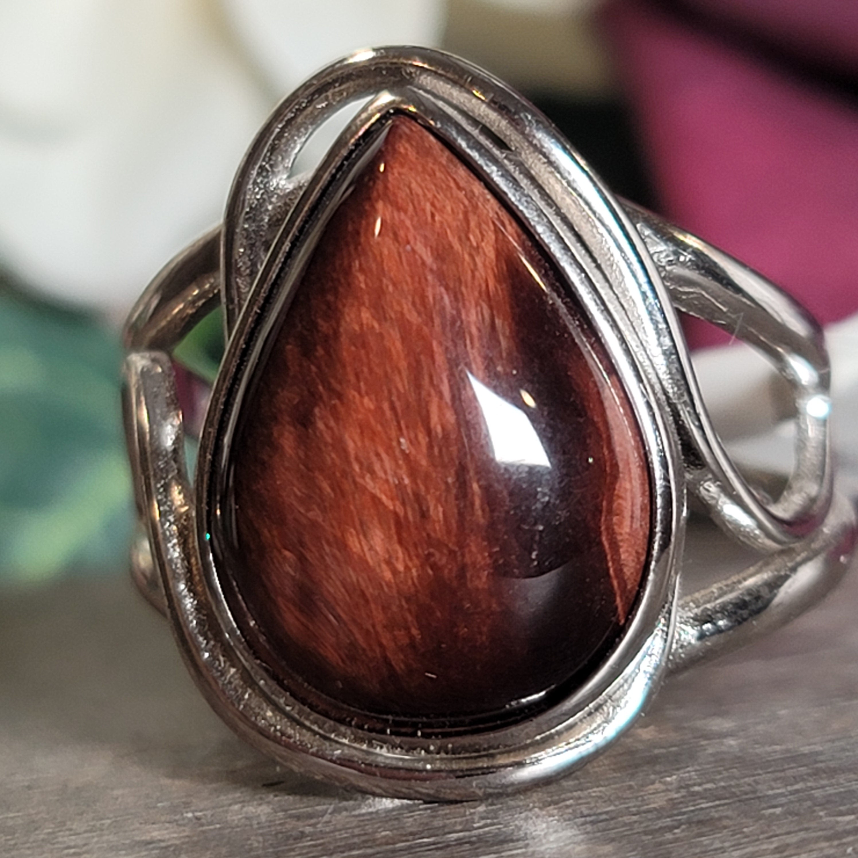 Red Tiger Eye Cuff Ring .925 Silver for Balancing Emotions, Motivation and Strength