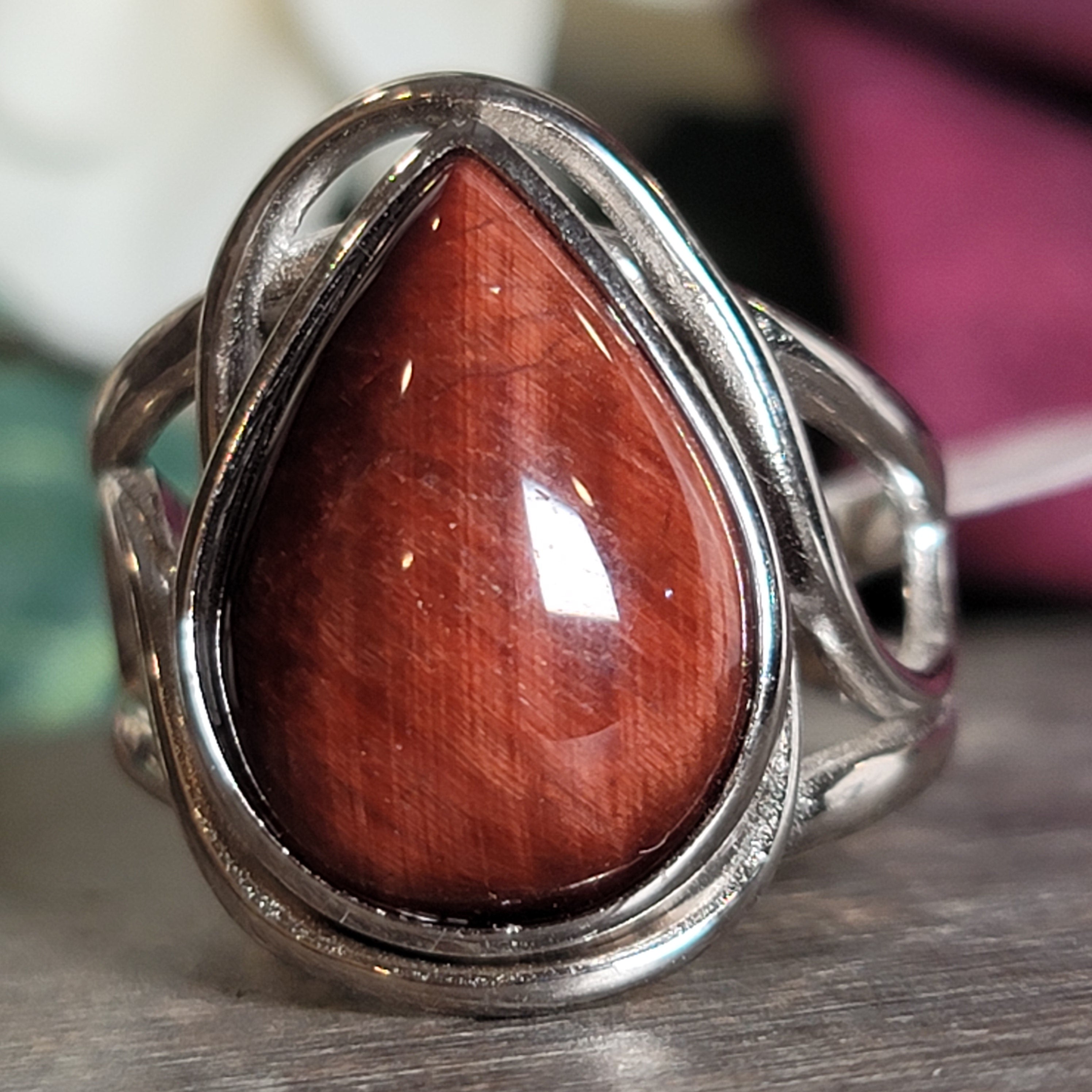 Red Tiger Eye Cuff Ring .925 Silver for Balancing Emotions, Motivation and Strength