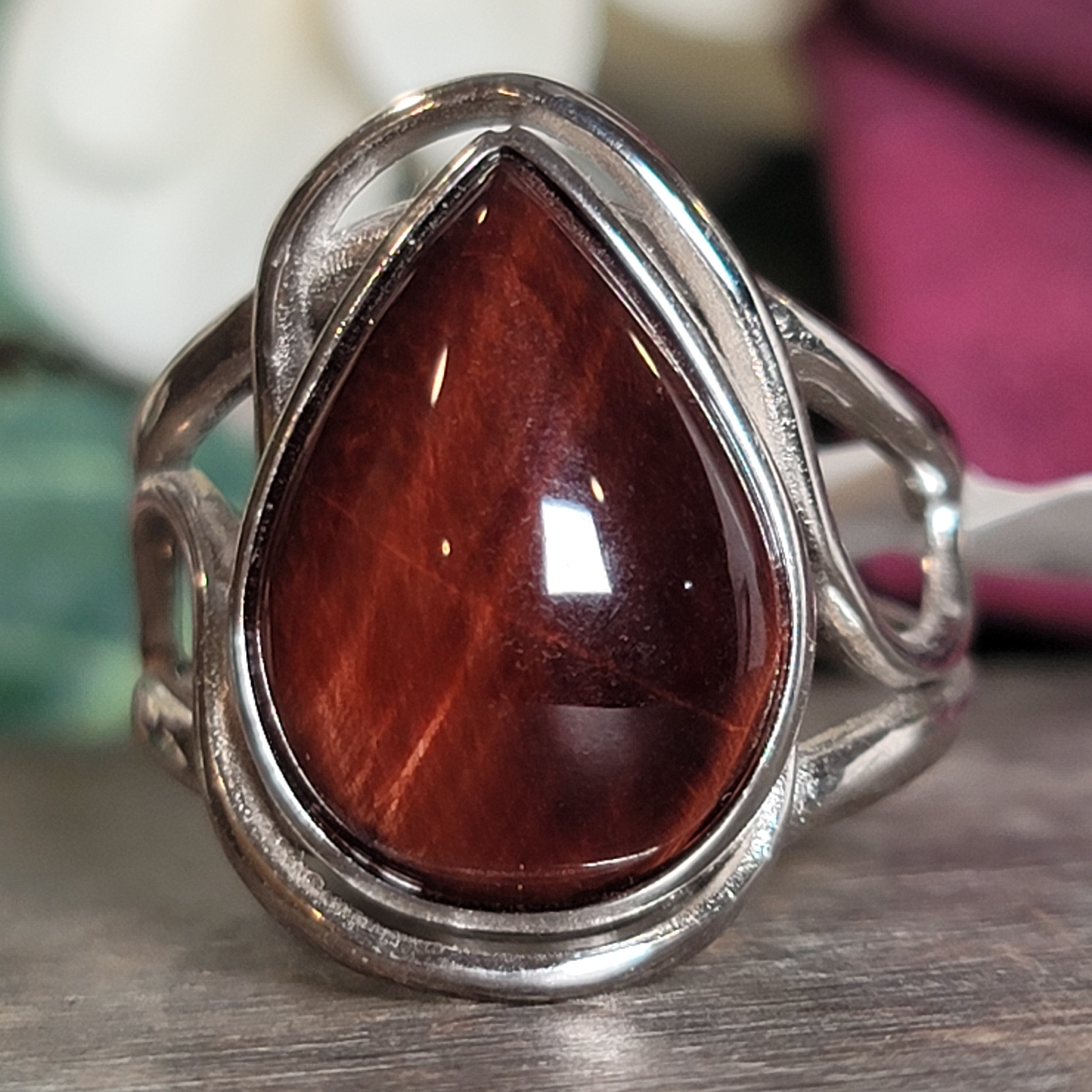 Red Tiger Eye Cuff Ring .925 Silver for Balancing Emotions, Motivation and Strength