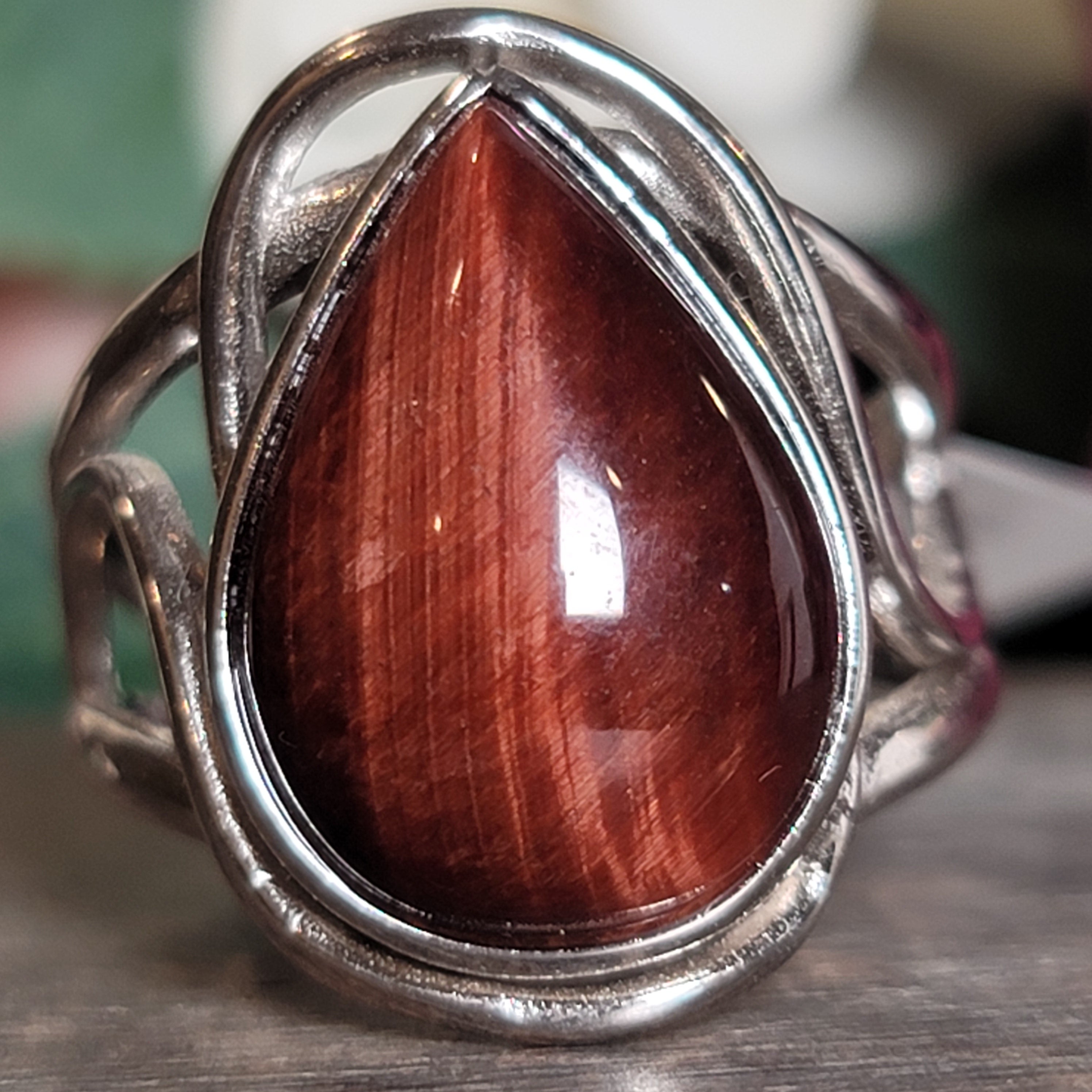 Red Tiger Eye Cuff Ring .925 Silver for Balancing Emotions, Motivation and Strength