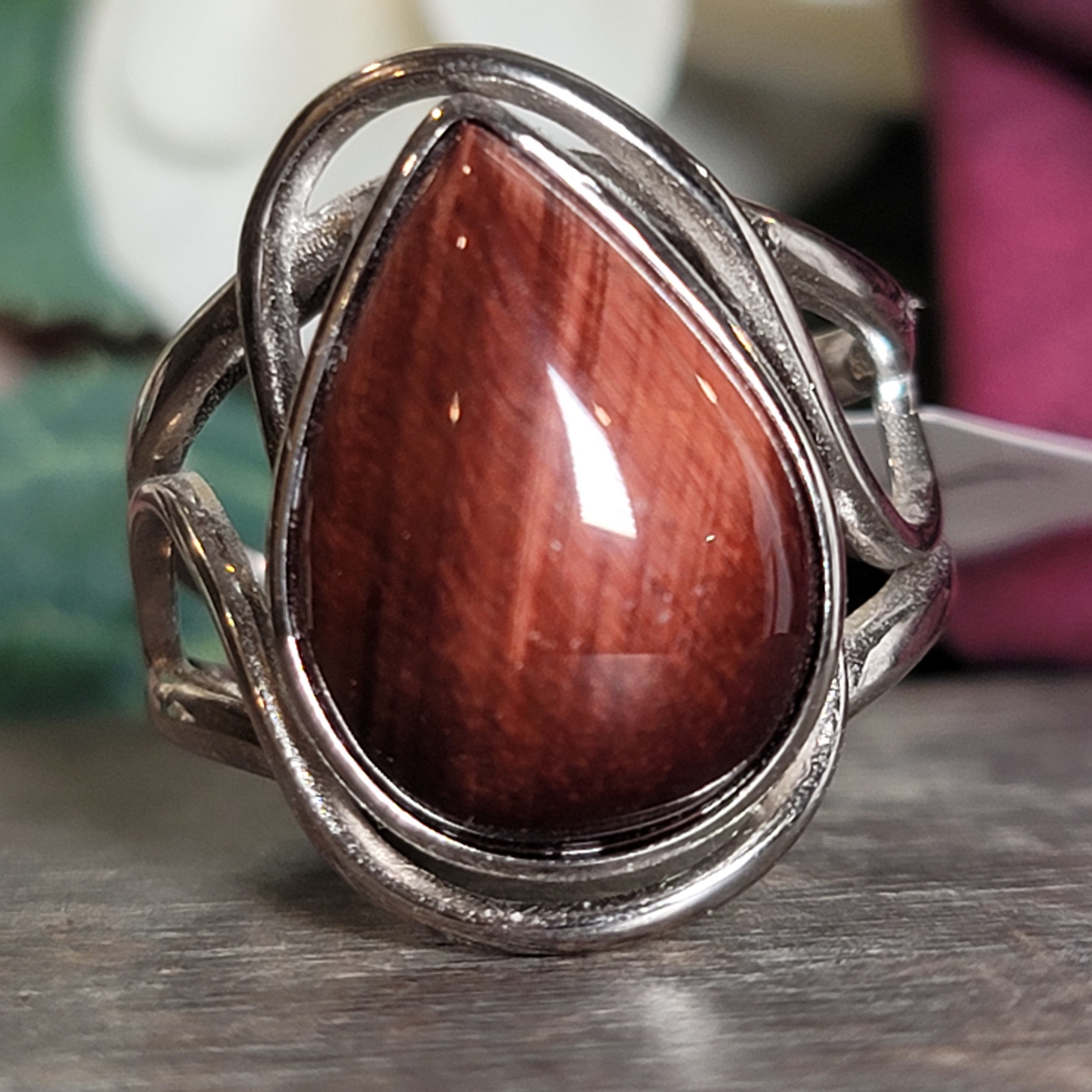 Red Tiger Eye Cuff Ring .925 Silver for Balancing Emotions, Motivation and Strength