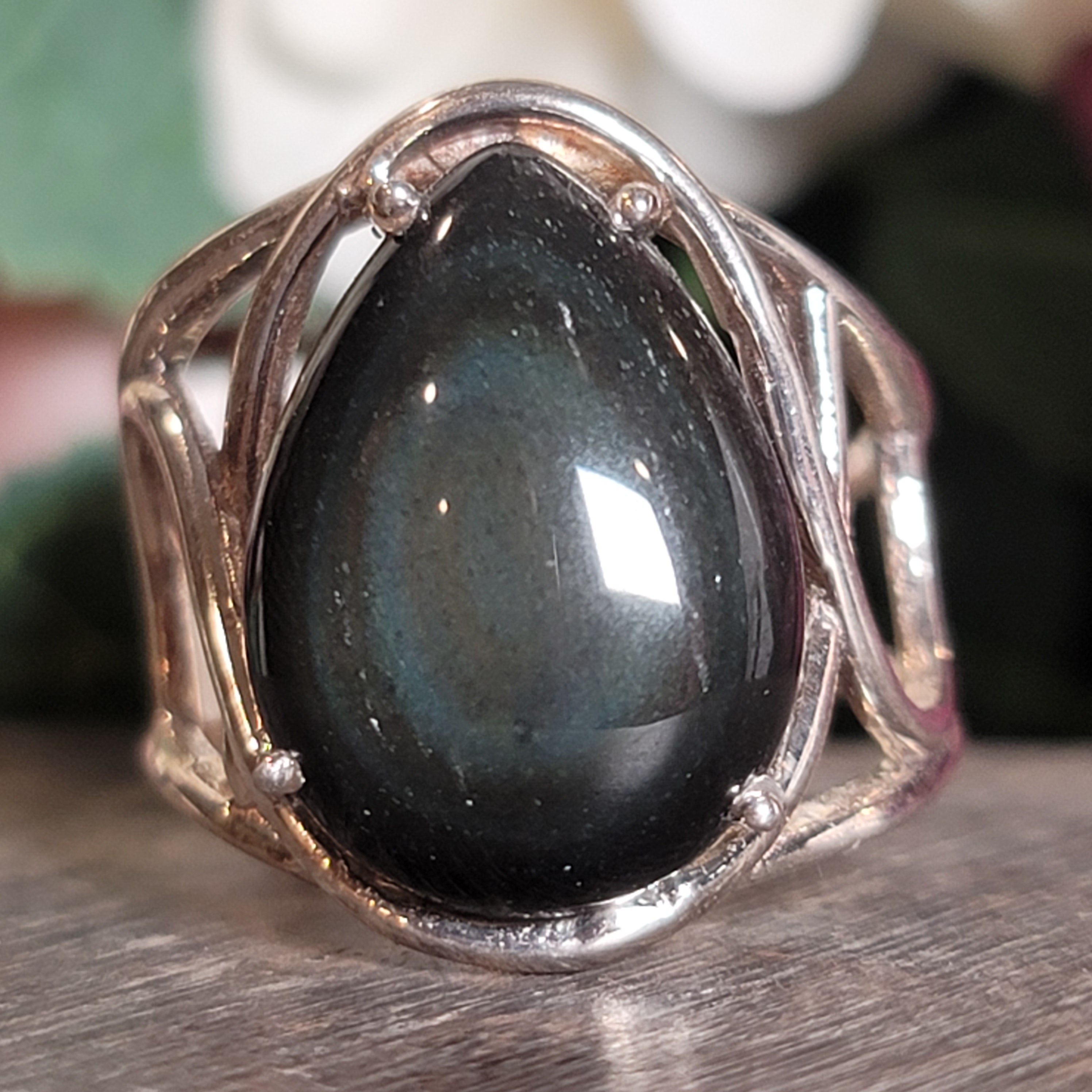 Rainbow Obsidian Cuff Ring .925 Silver for Hope, Peace and Shadow Work