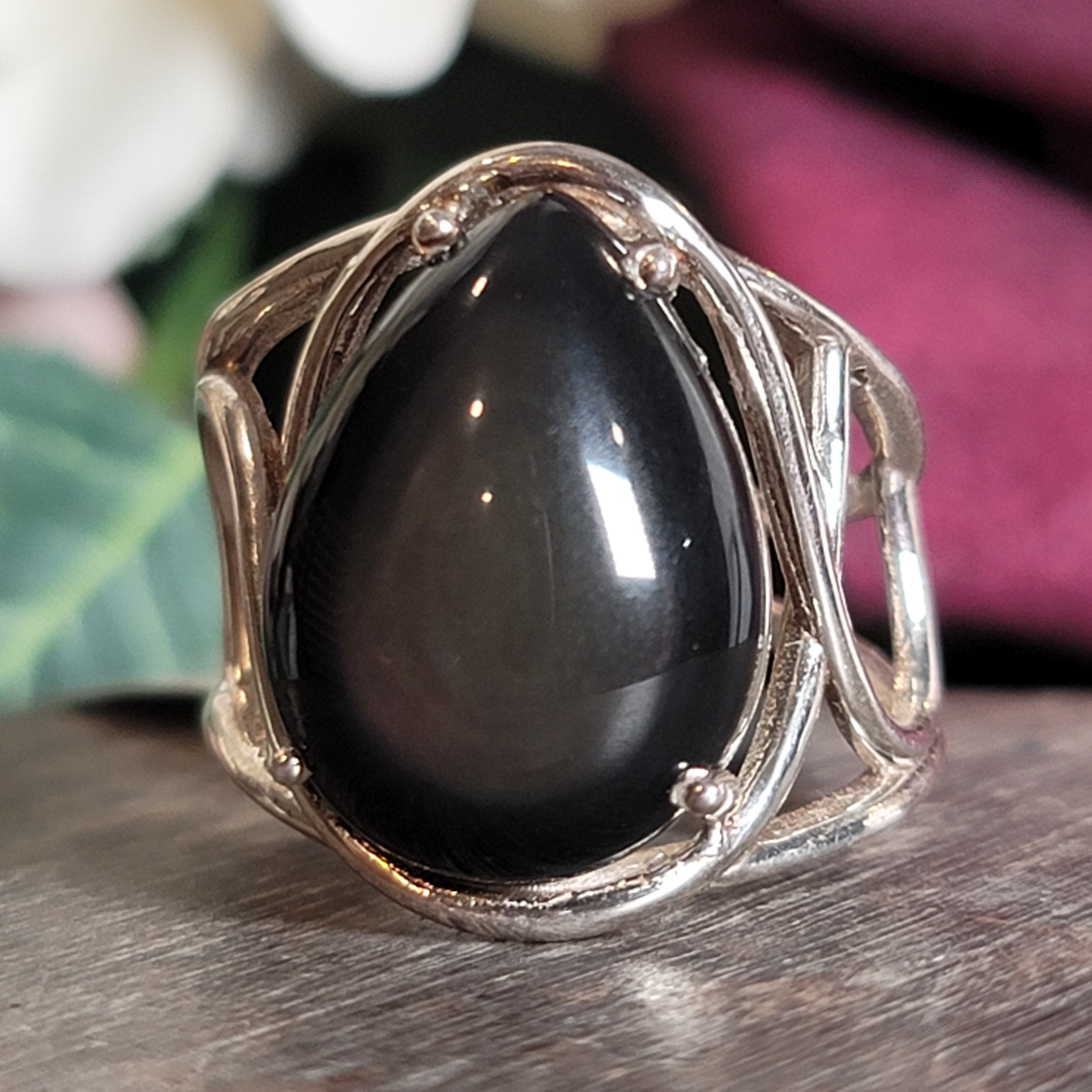 Rainbow Obsidian Cuff Ring .925 Silver for Hope, Peace and Shadow Work