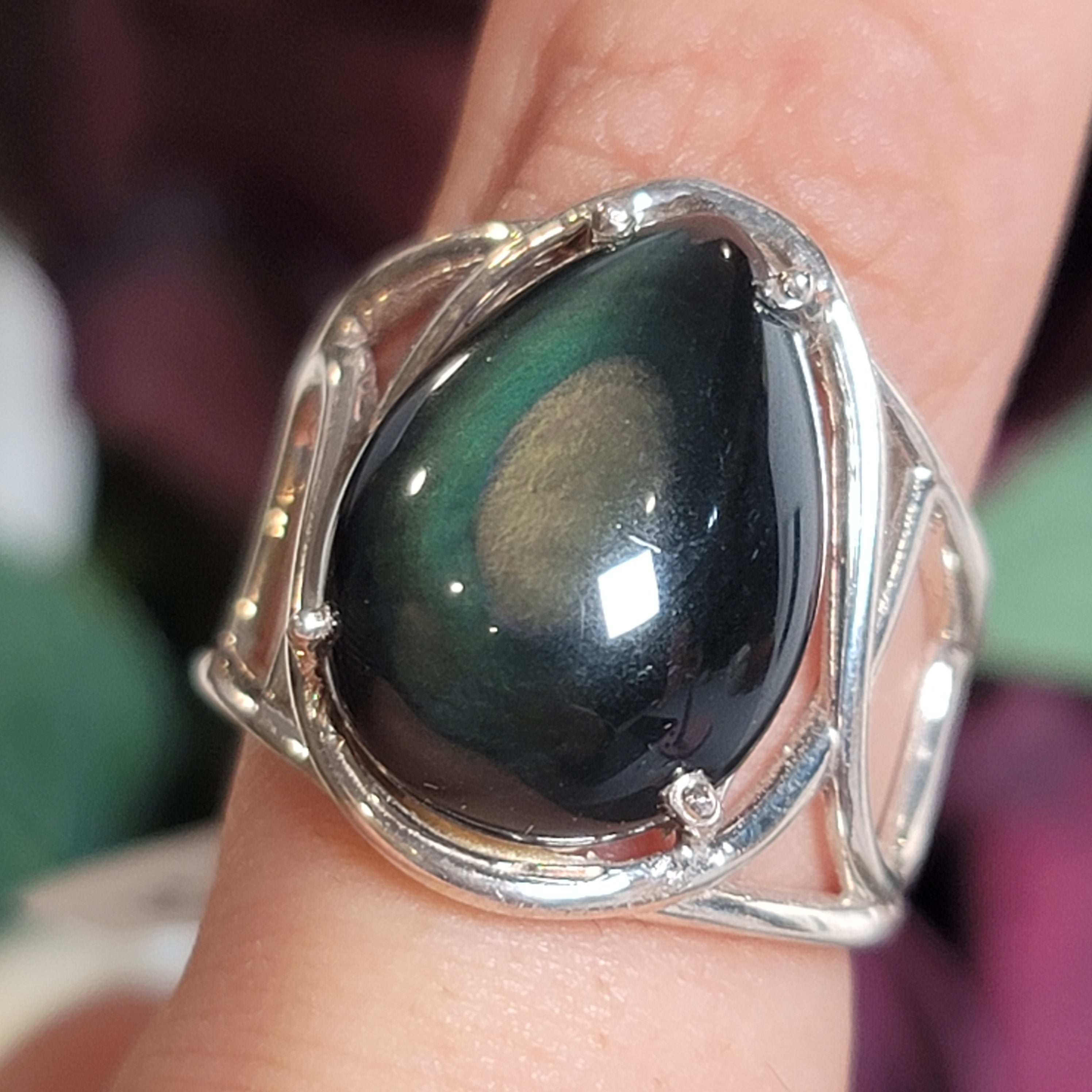 Rainbow Obsidian Cuff Ring .925 Silver for Hope, Peace and Shadow Work