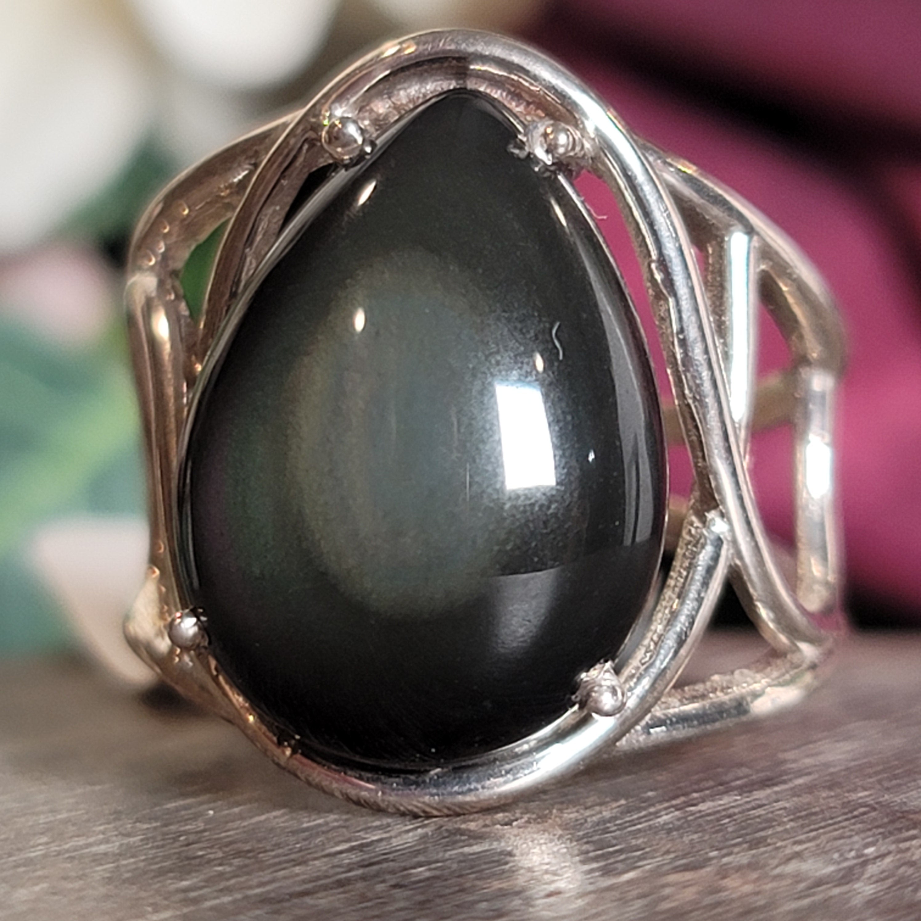 Rainbow Obsidian Cuff Ring .925 Silver for Hope, Peace and Shadow Work