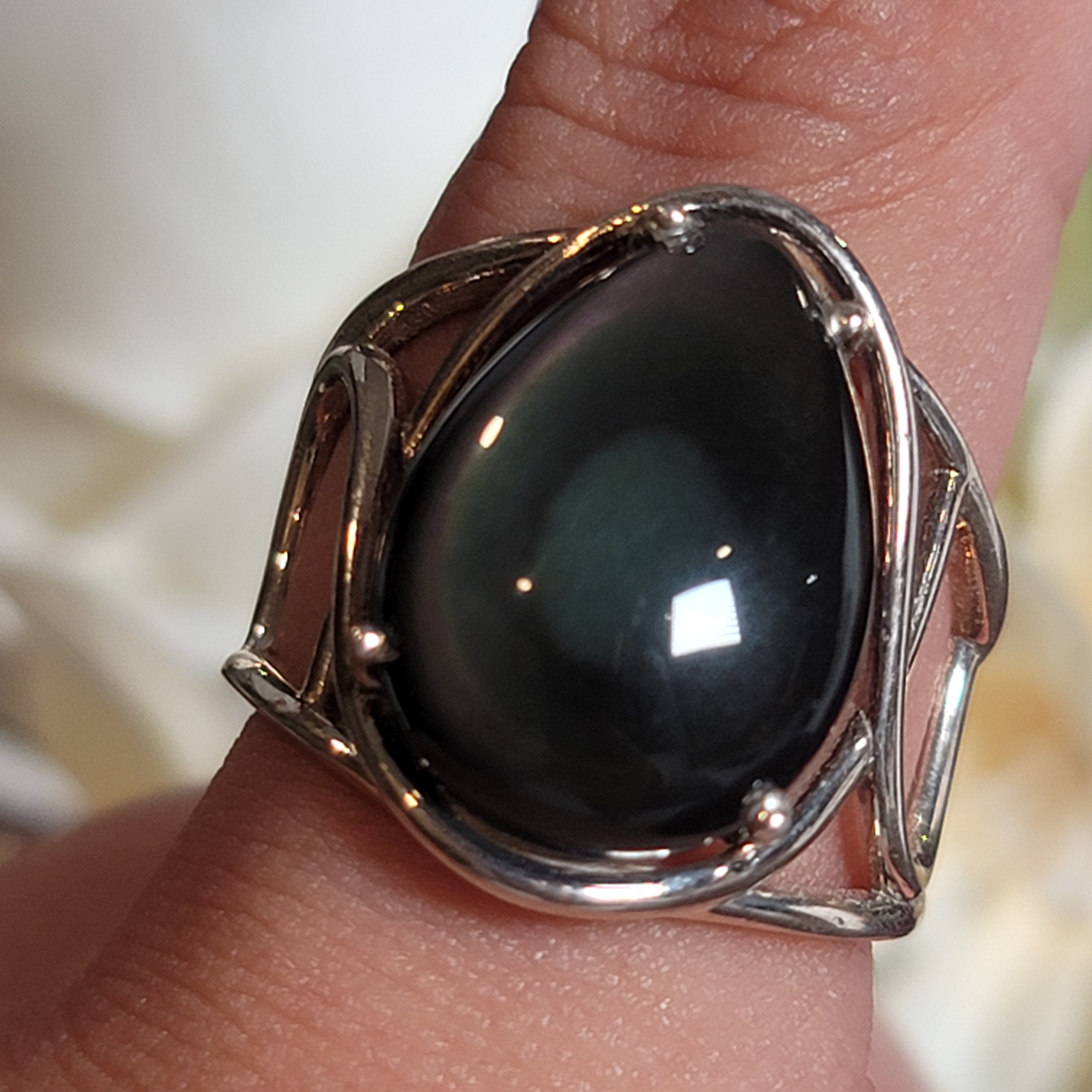 Rainbow Obsidian Cuff Ring .925 Silver for Hope, Peace and Shadow Work