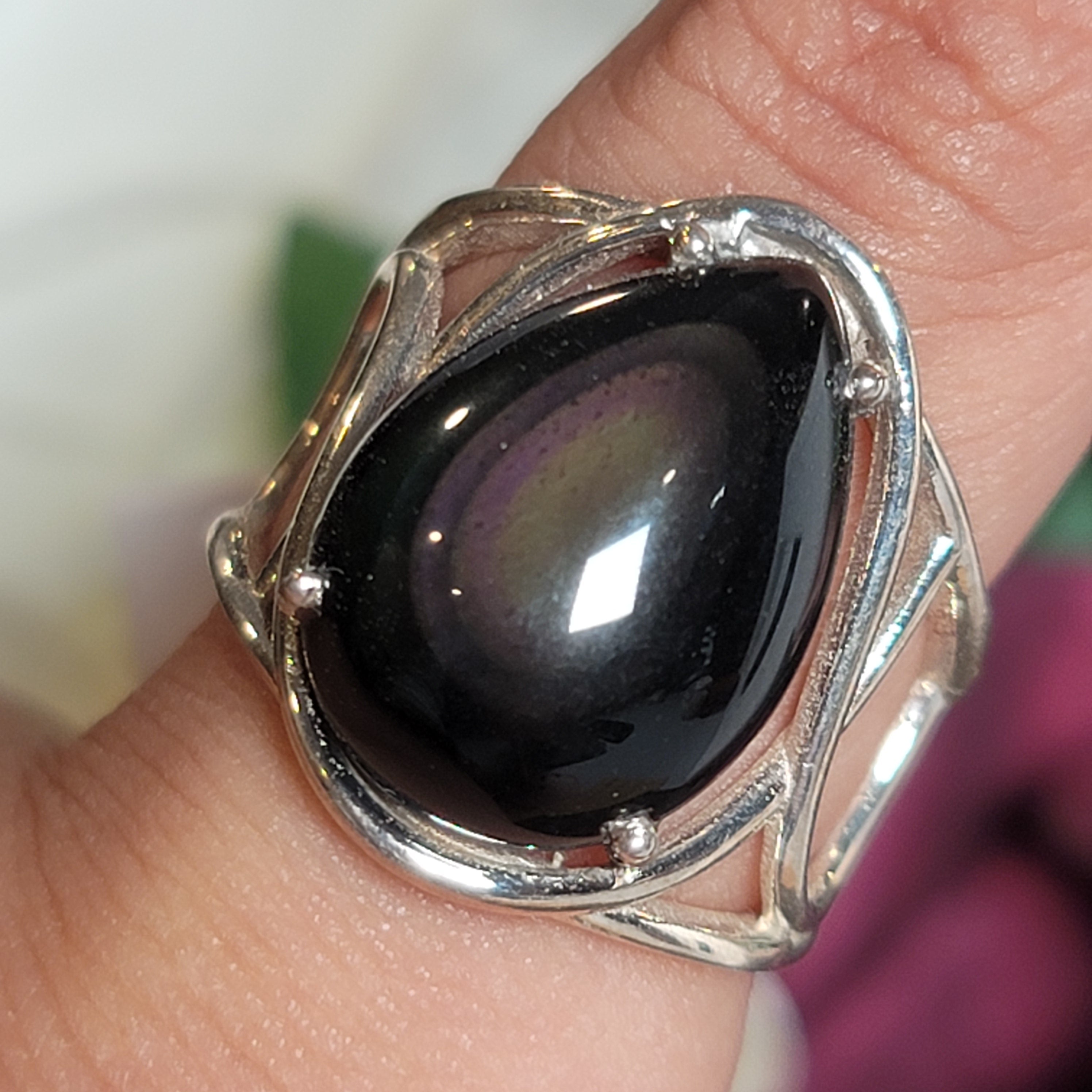 Rainbow Obsidian Cuff Ring .925 Silver for Hope, Peace and Shadow Work