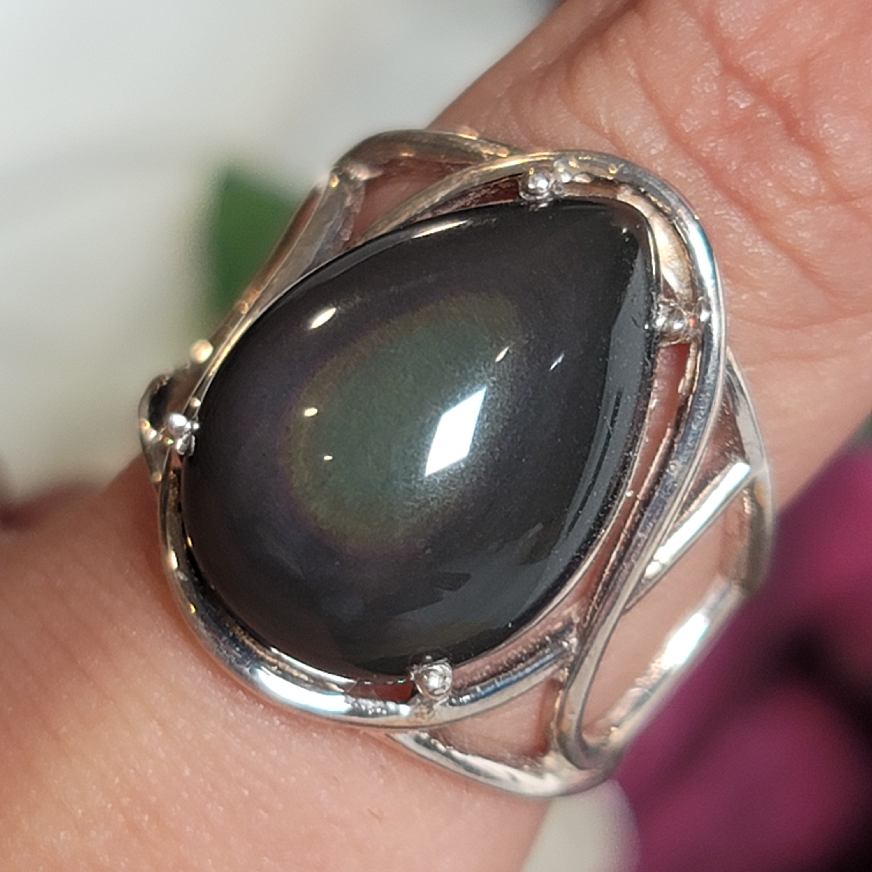 Rainbow Obsidian Cuff Ring .925 Silver for Hope, Peace and Shadow Work