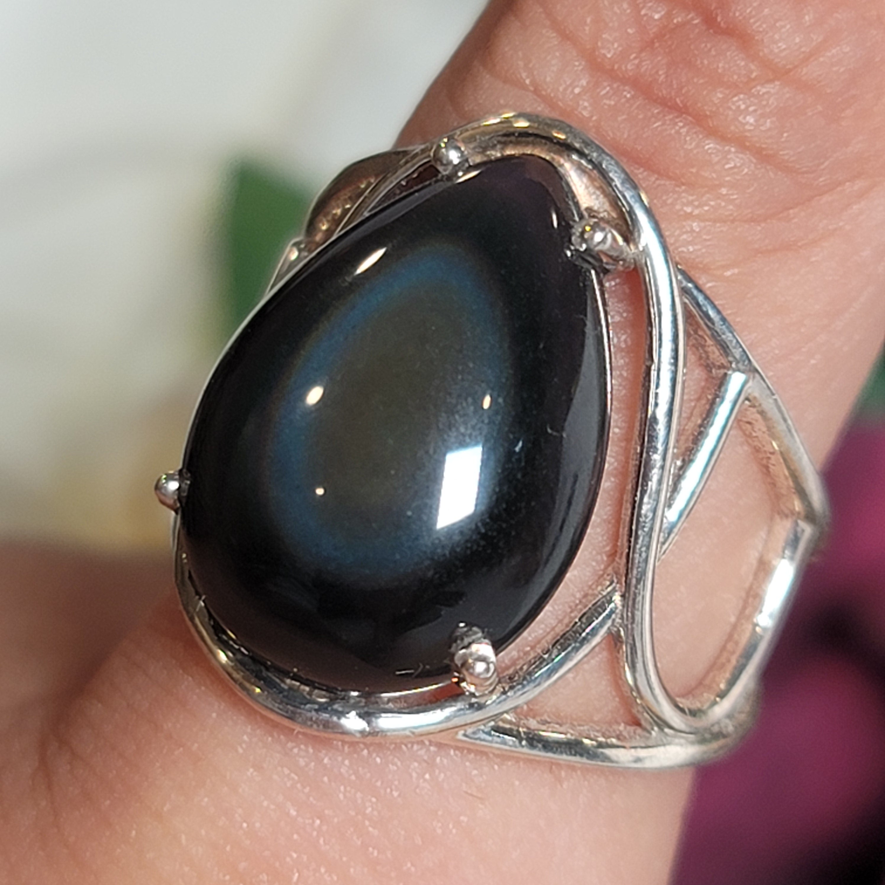 Rainbow Obsidian Cuff Ring .925 Silver for Hope, Peace and Shadow Work