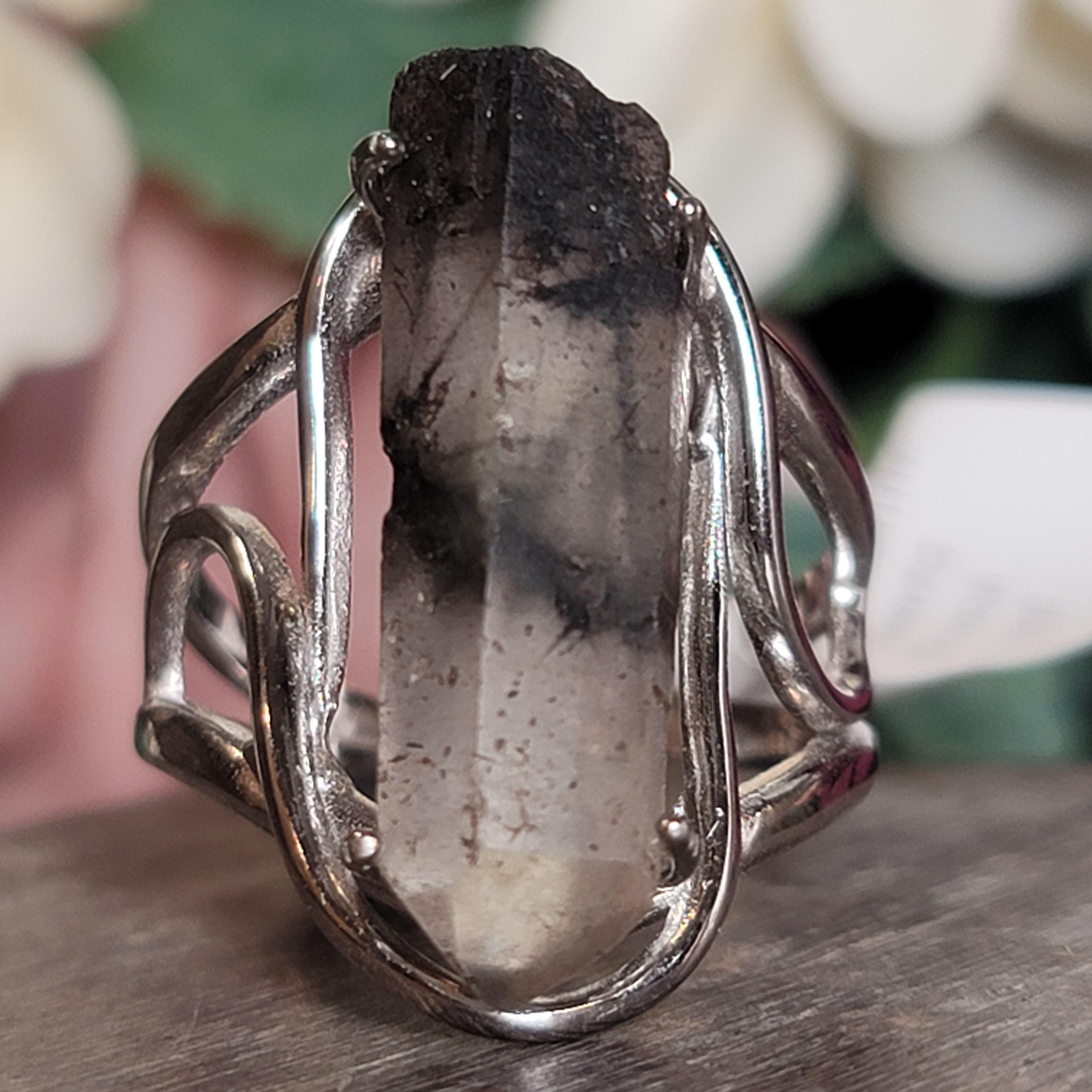 Black Tourmaline in Quartz Cuff Ring .925 Sterling Silver for Powerful Protection and Aura Cleansing