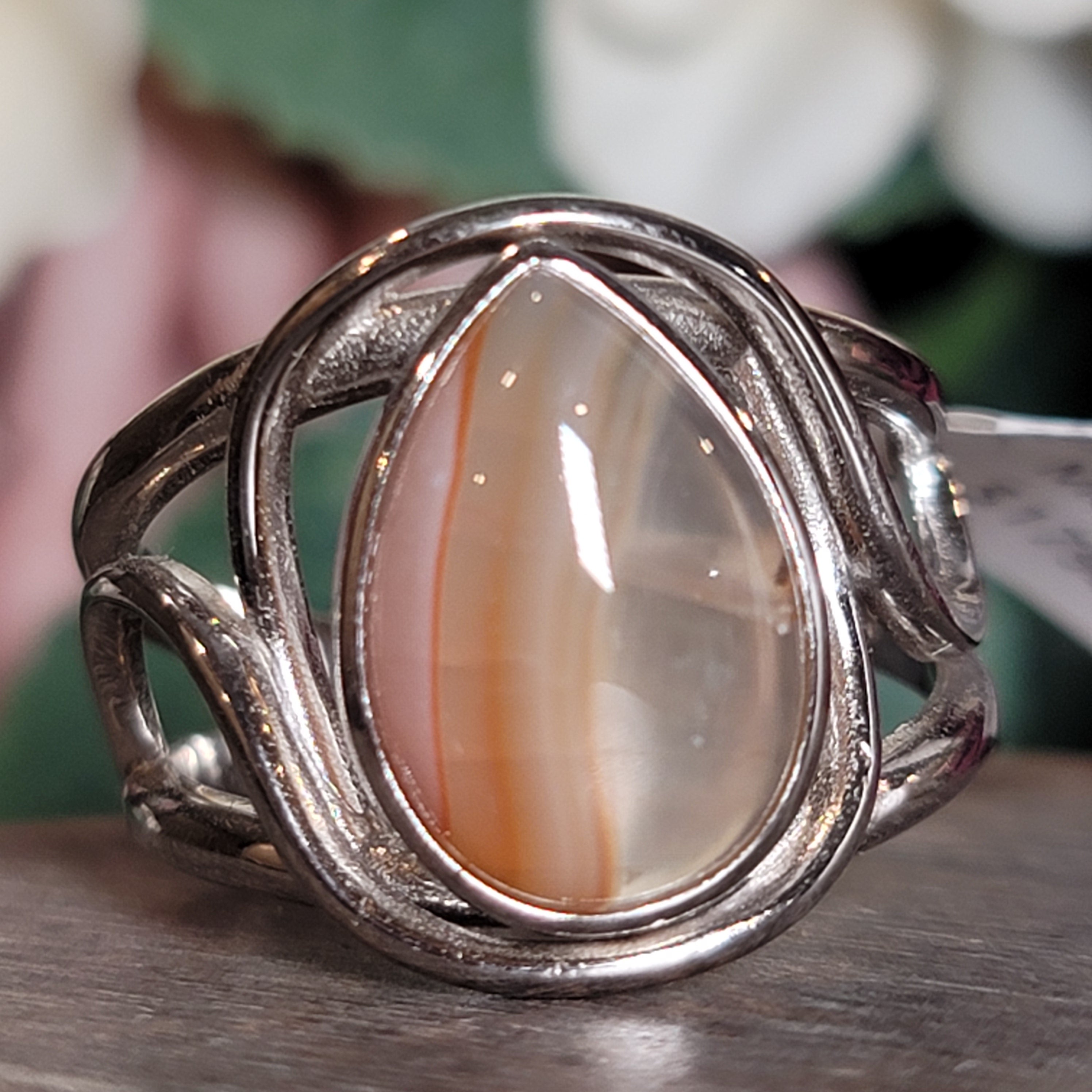 Laguna Agate Cuff Ring in .925 Silver for Promoting Creativity, Hope, New Ideas & Positivity