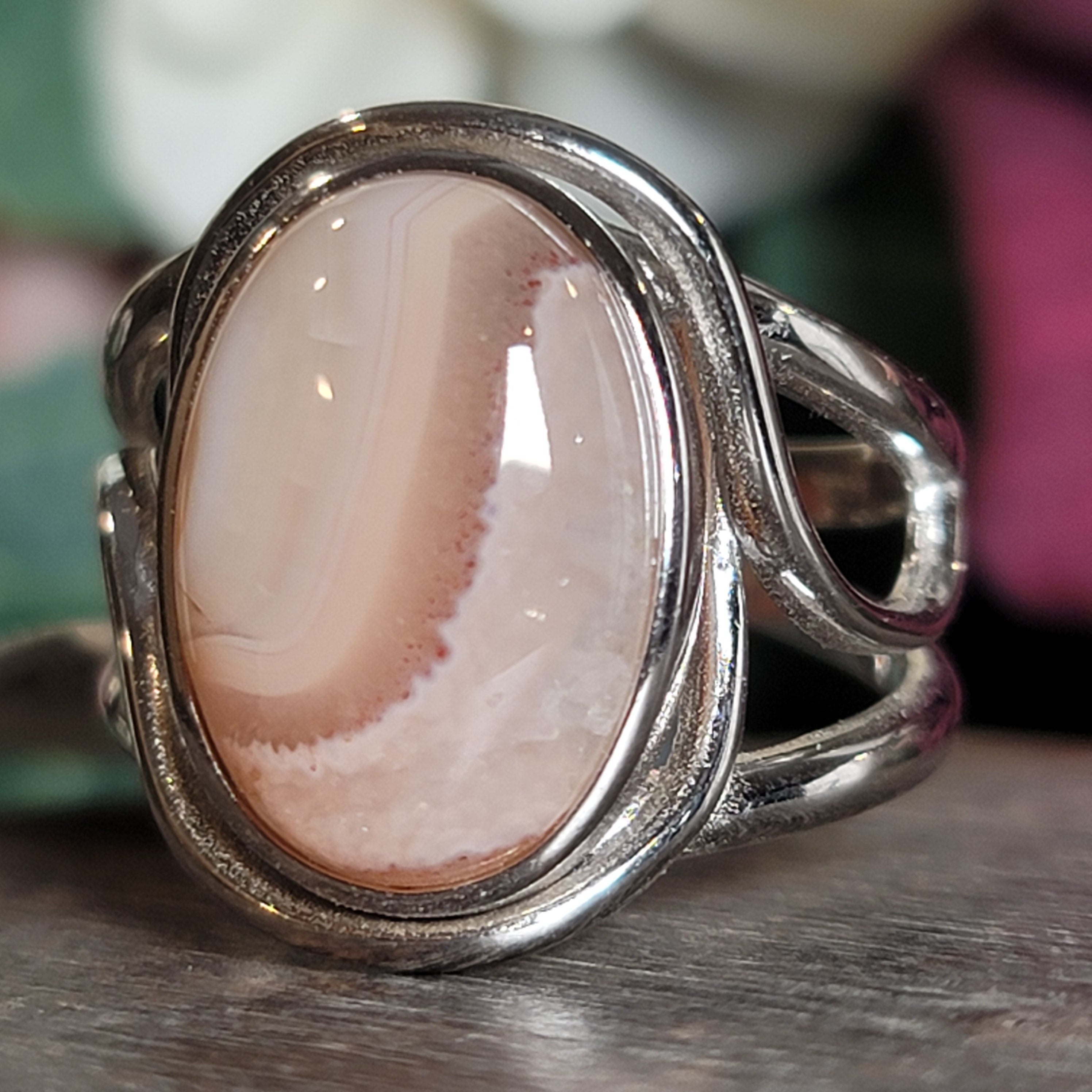 Laguna Agate Cuff Ring in .925 Silver for Promoting Creativity, Hope, New Ideas & Positivity