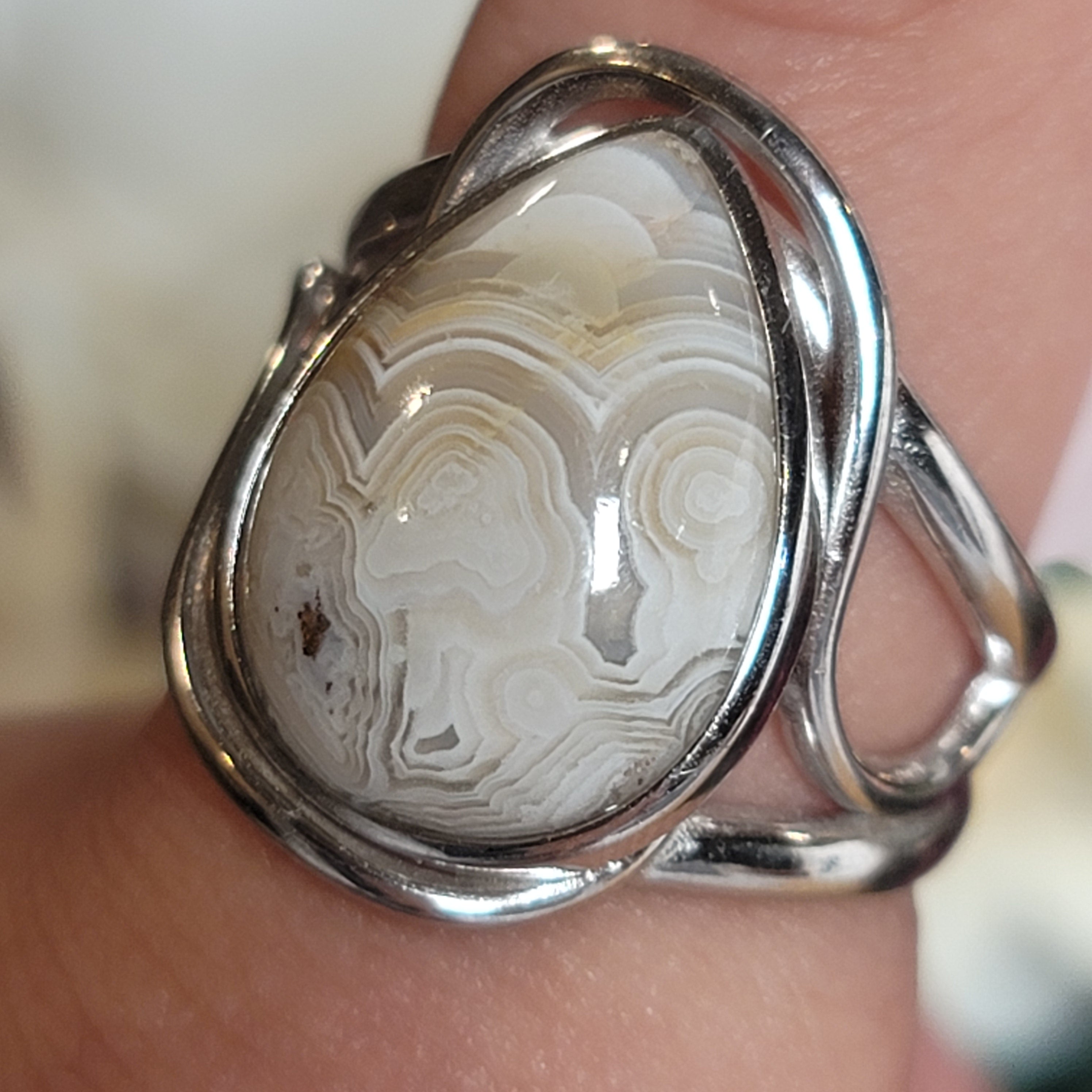 Grey Crazy Lace Agate Cuff Ring in .925 Silver for Promoting Creativity, Hope, New Ideas & Positivity