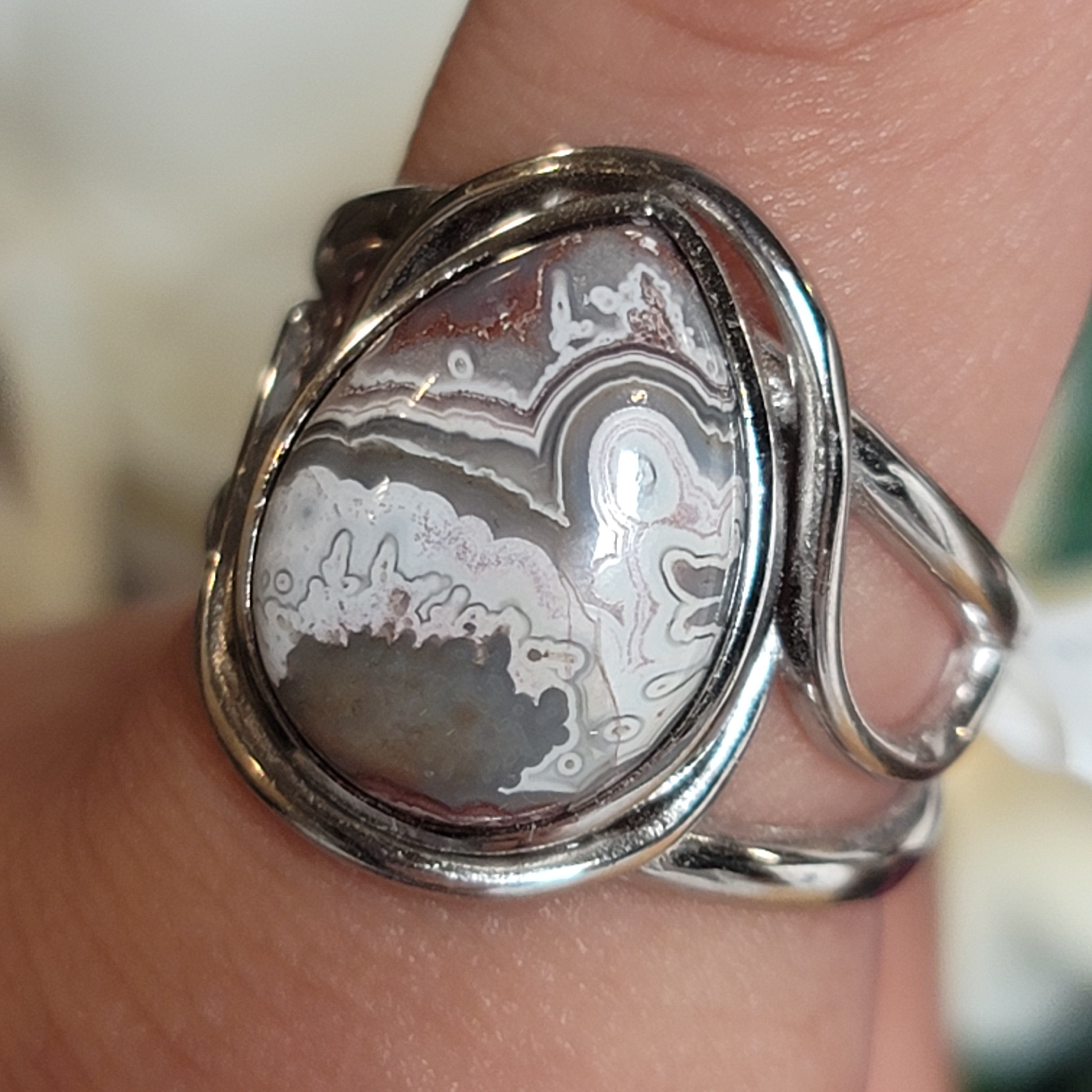 Grey Crazy Lace Agate Cuff Ring in .925 Silver for Promoting Creativity, Hope, New Ideas & Positivity