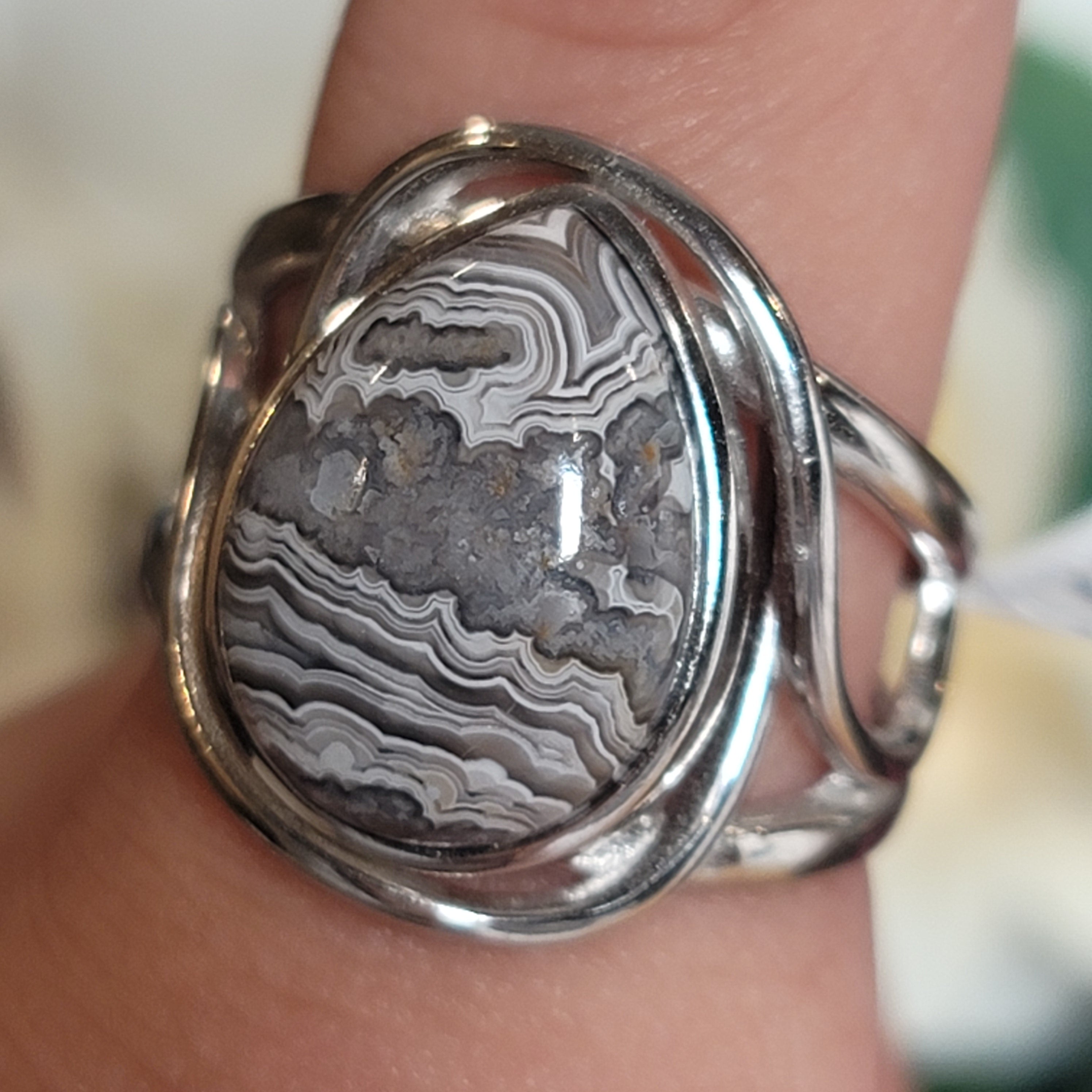 Grey Crazy Lace Agate Cuff Ring in .925 Silver for Promoting Creativity, Hope, New Ideas & Positivity