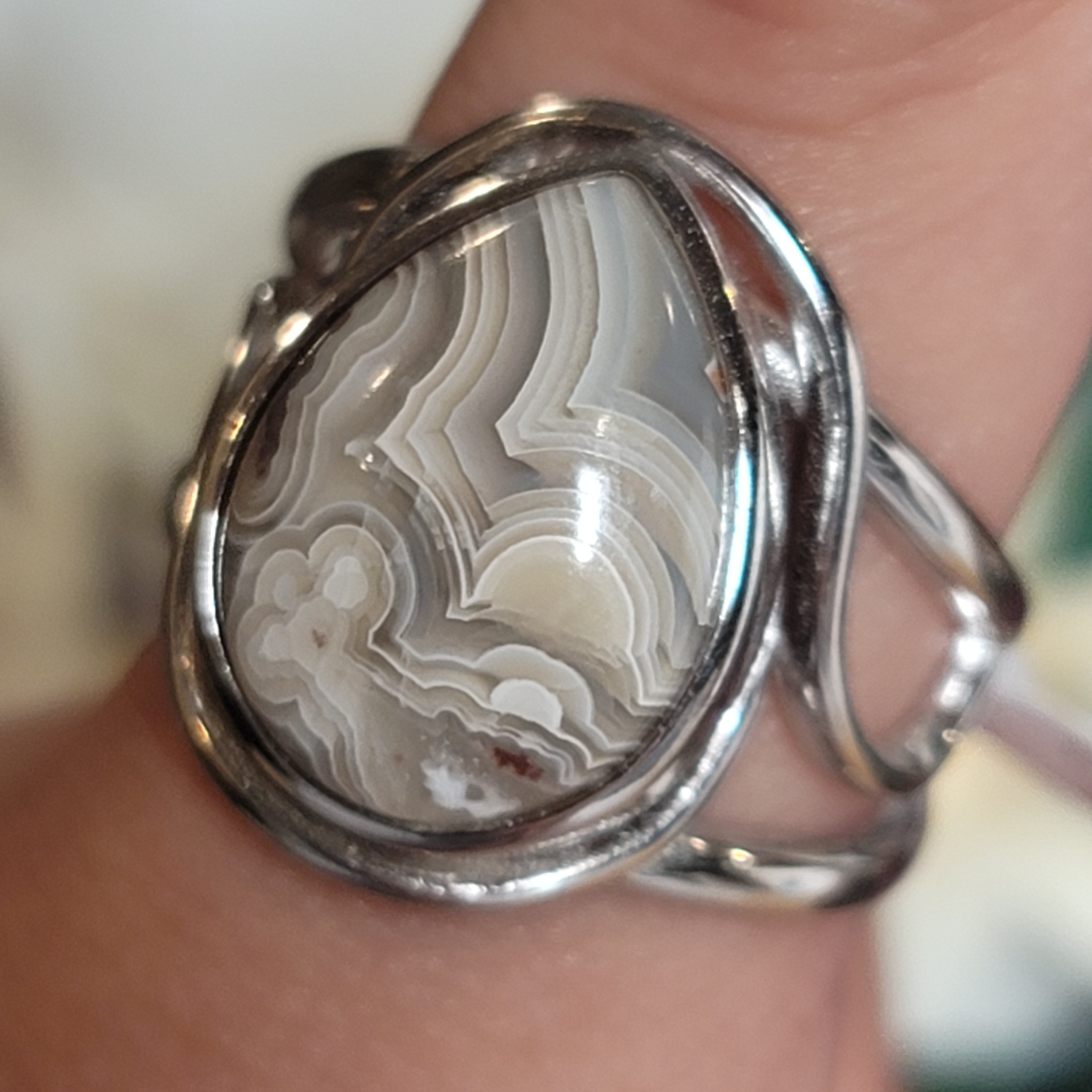 Grey Crazy Lace Agate Cuff Ring in .925 Silver for Promoting Creativity, Hope, New Ideas & Positivity