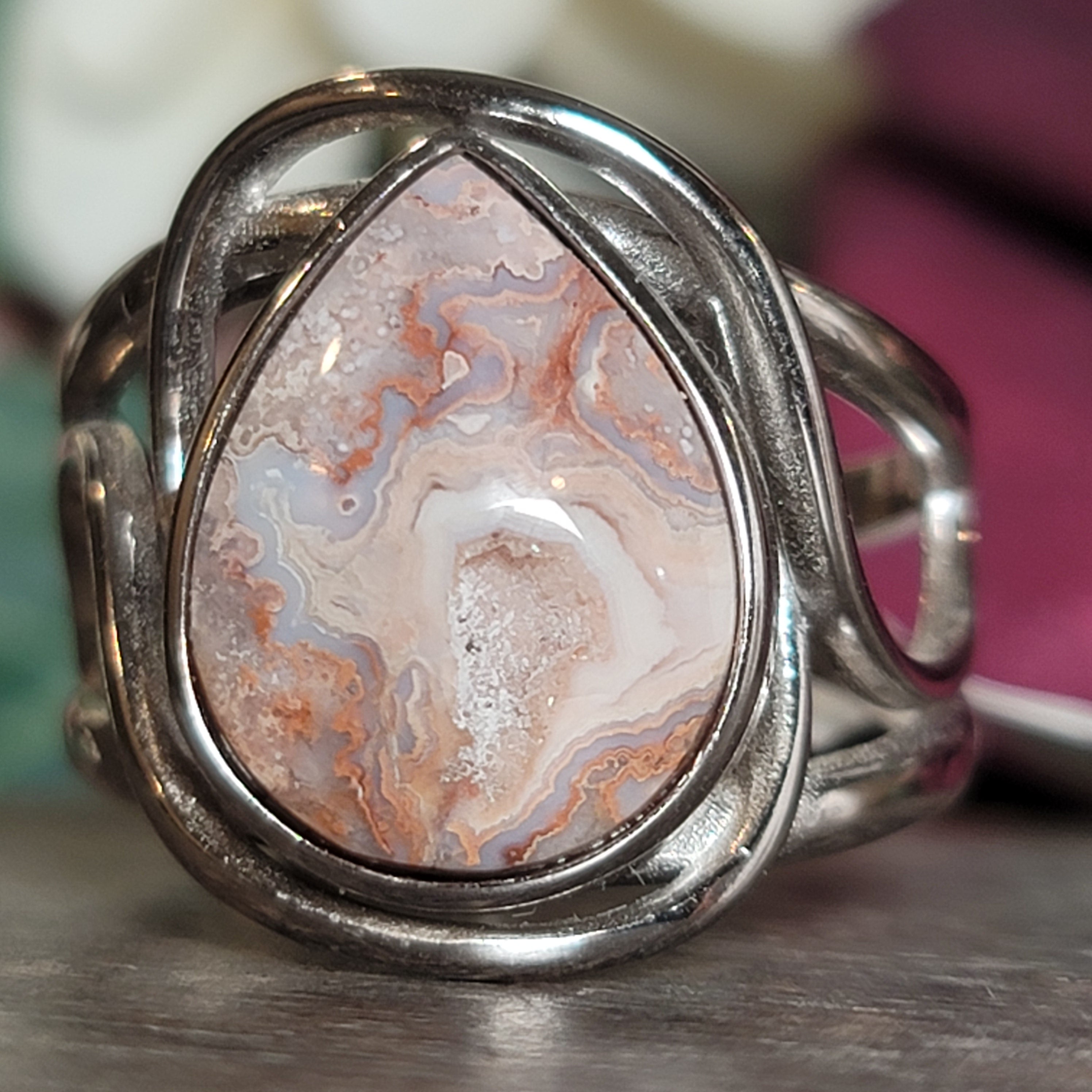 Pink Crazy Lace Agate Cuff Ring in .925 Silver for Promoting Creativity, Hope, New Ideas & Positivity