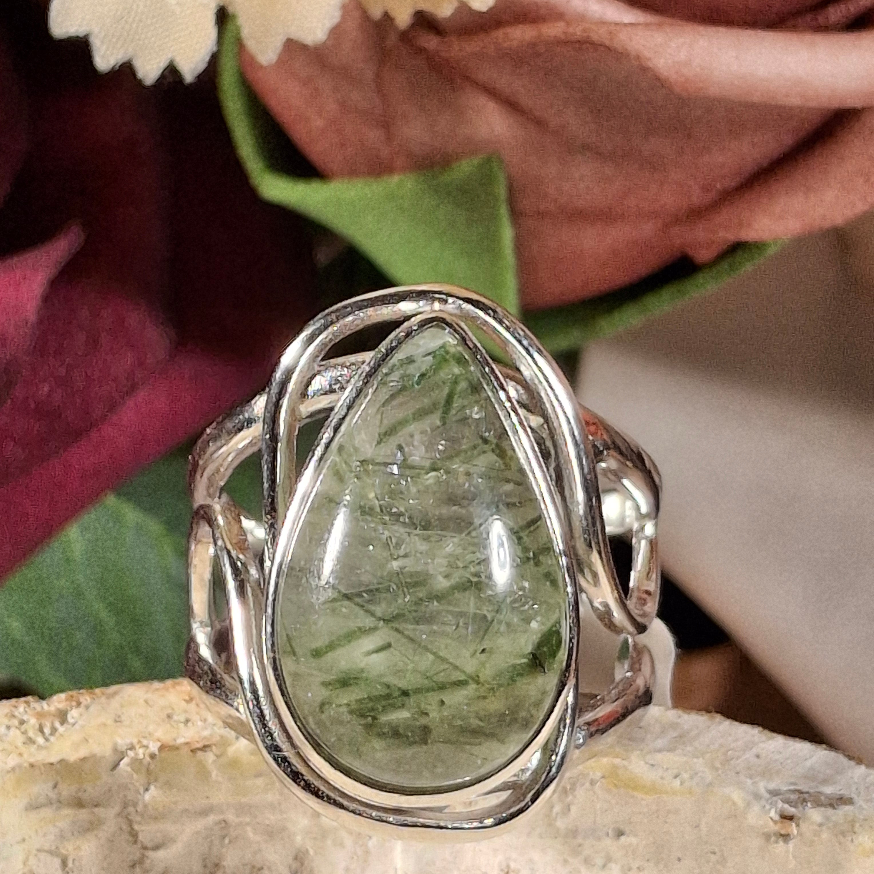 Green Rutile Adjustable Cuff Ring .925 Silver for Protection & Heart Healing